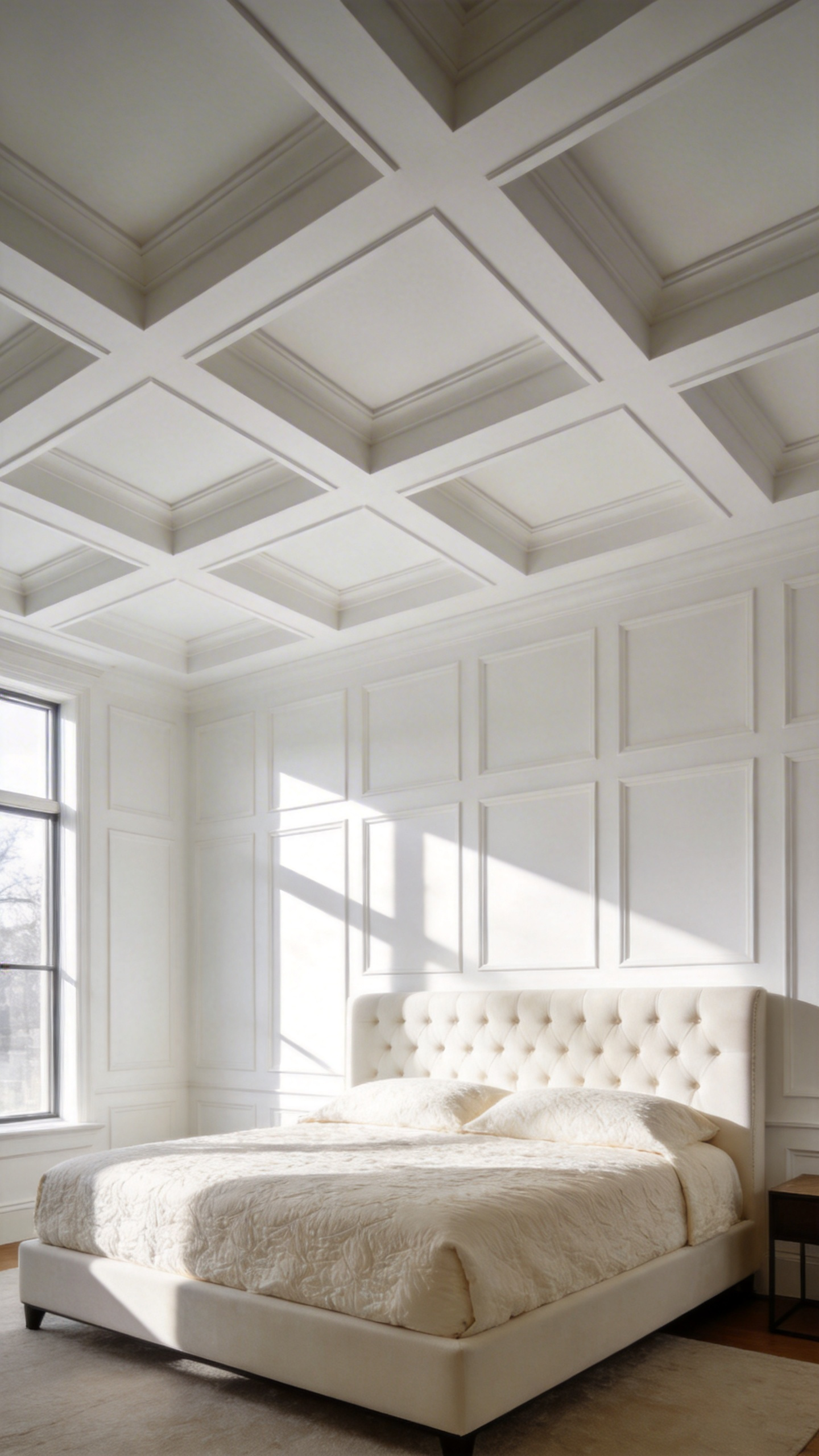 High-end primary bedroom showing a deeply recessed white coffered ceiling with faux beams, demonstrating the architectural depth and sophisticated look achieved by treating the ceiling as the fifth wall.
