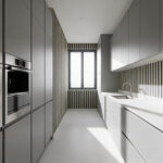 Horizontal striped charcoal and cream wallpaper visually broadens a narrow, modern galley kitchen, demonstrating optical space manipulation.