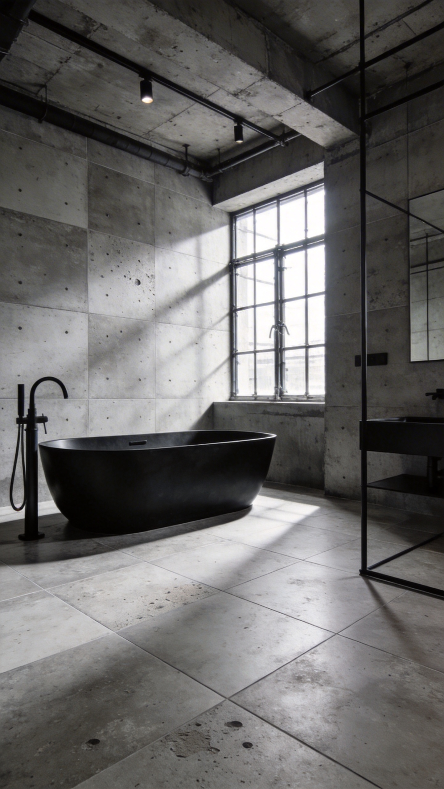 A spacious modern industrial bathroom with large format concrete-look porcelain tiles and a matte black freestanding bathtub.
