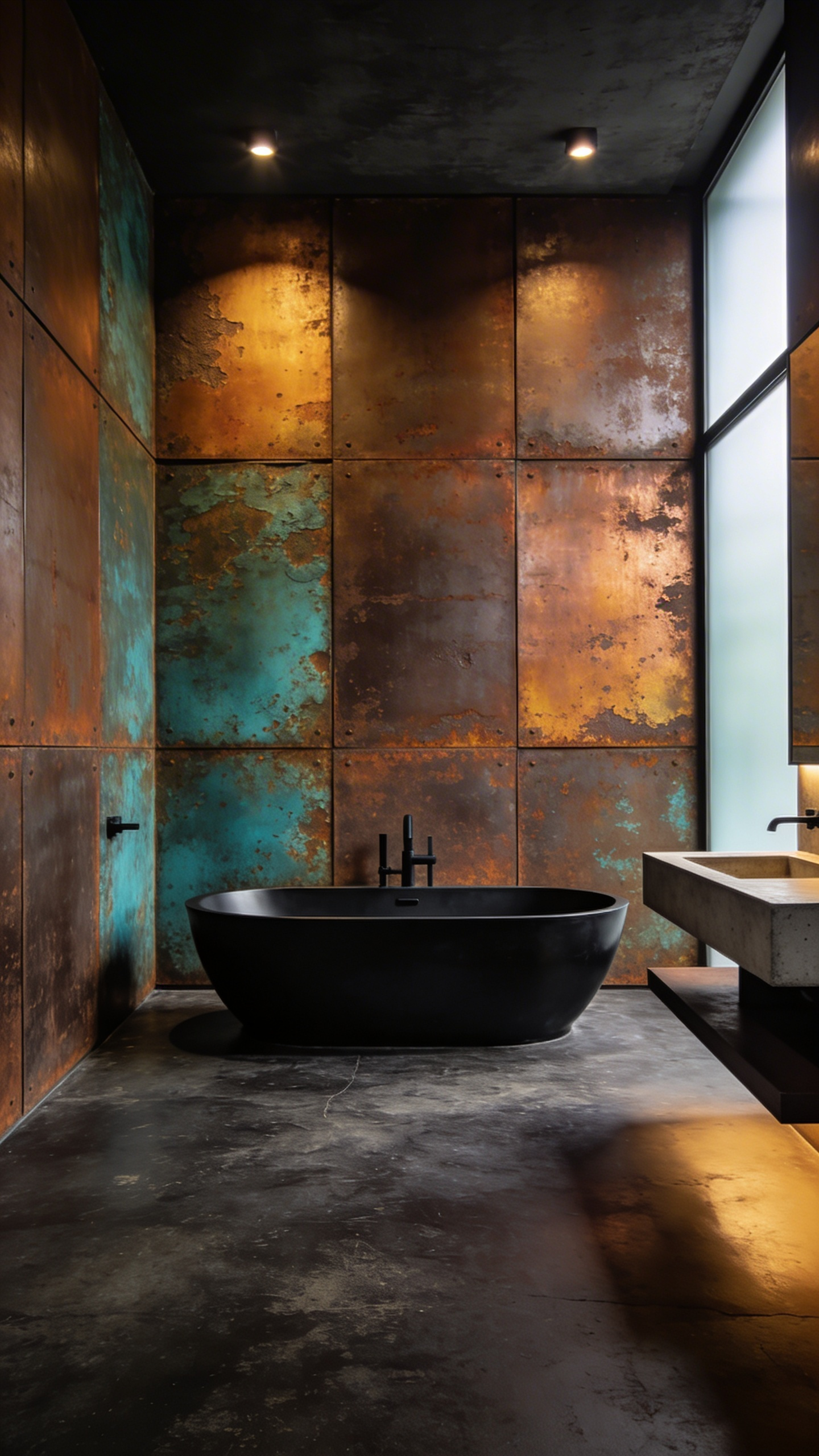 A luxury industrial bathroom with wall slabs mimicking oxidized metal and copper patina finishes.