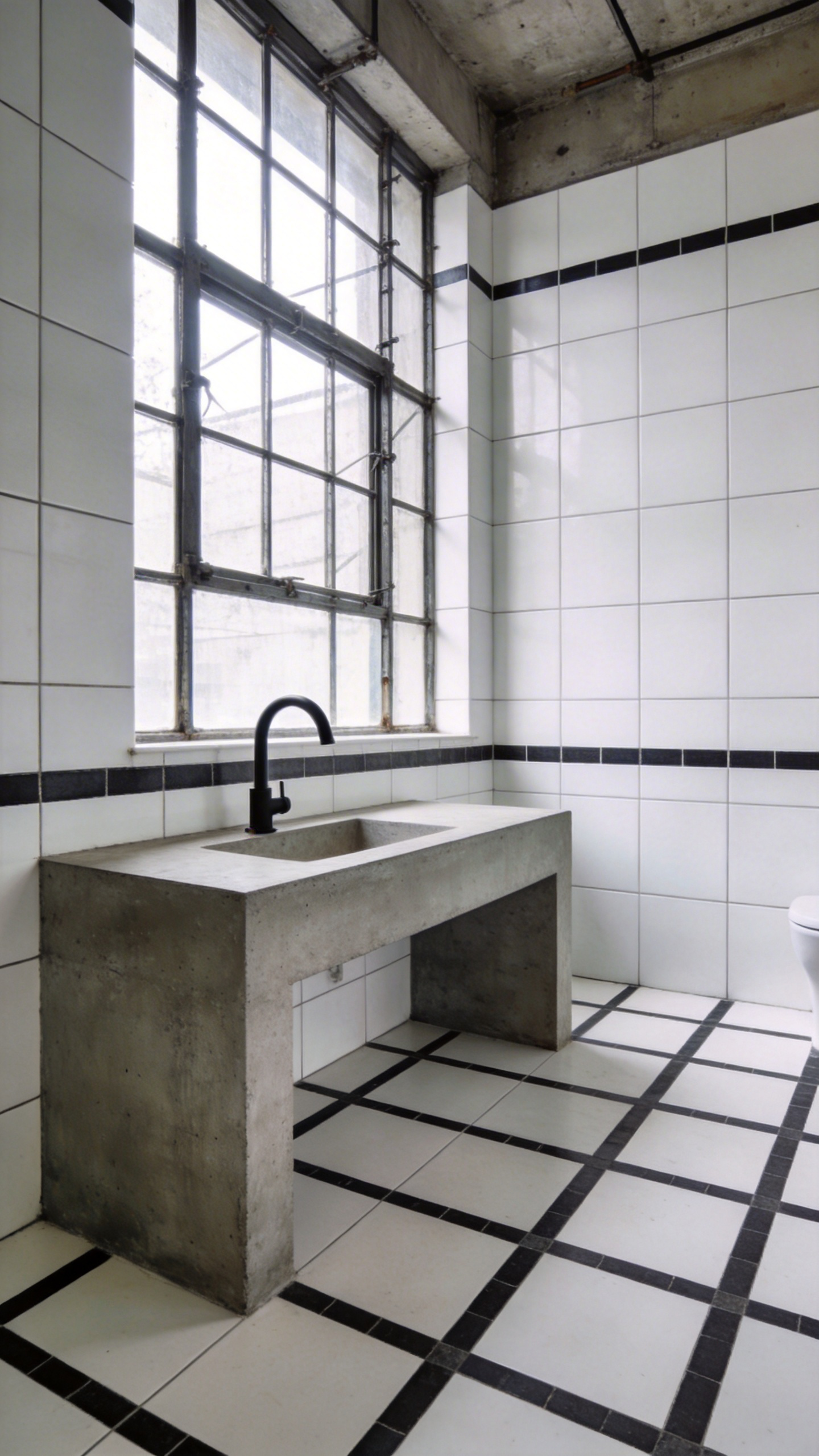 A modern industrial bathroom featuring white square tiles with high-contrast charcoal grout lines and a concrete vanity.