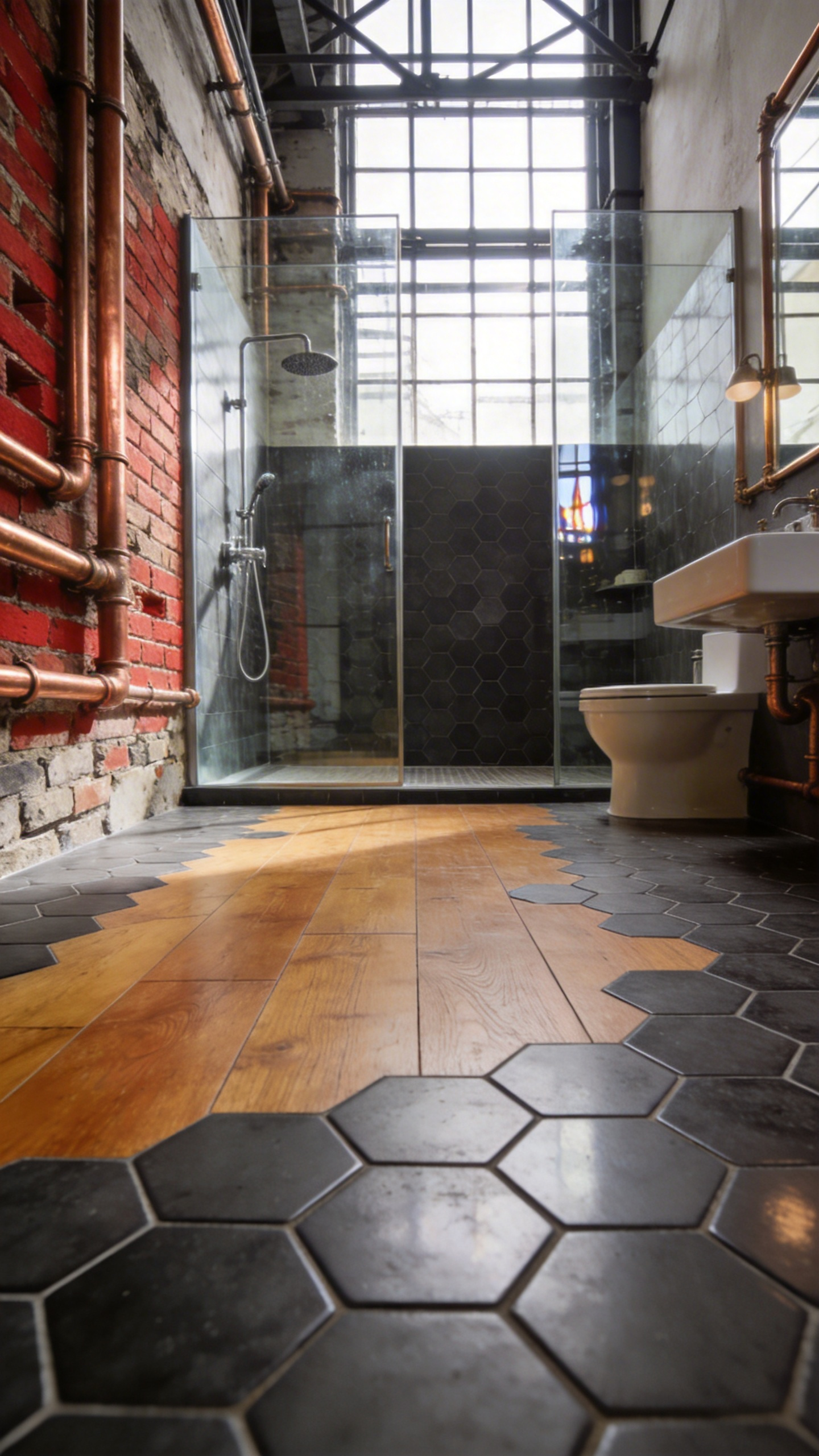 A wide shot of a modern industrial bathroom floor featuring a broken-edge transition where dark hexagonal tiles blend irregularly into warm wood planks.