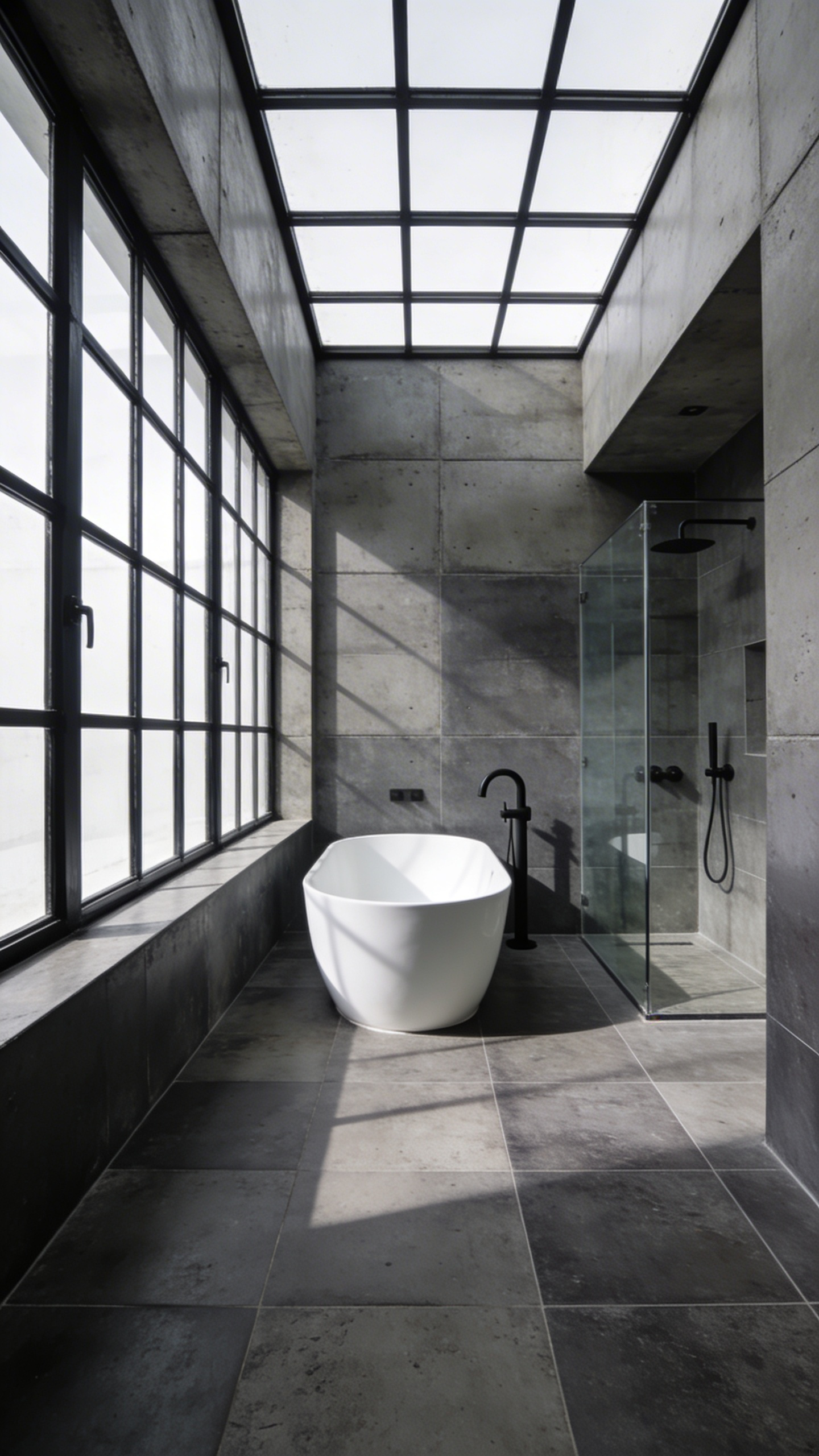 A spacious industrial bathroom with large-format concrete-look porcelain tiles on the floors and walls featuring a white freestanding bathtub and black metal fixtures.