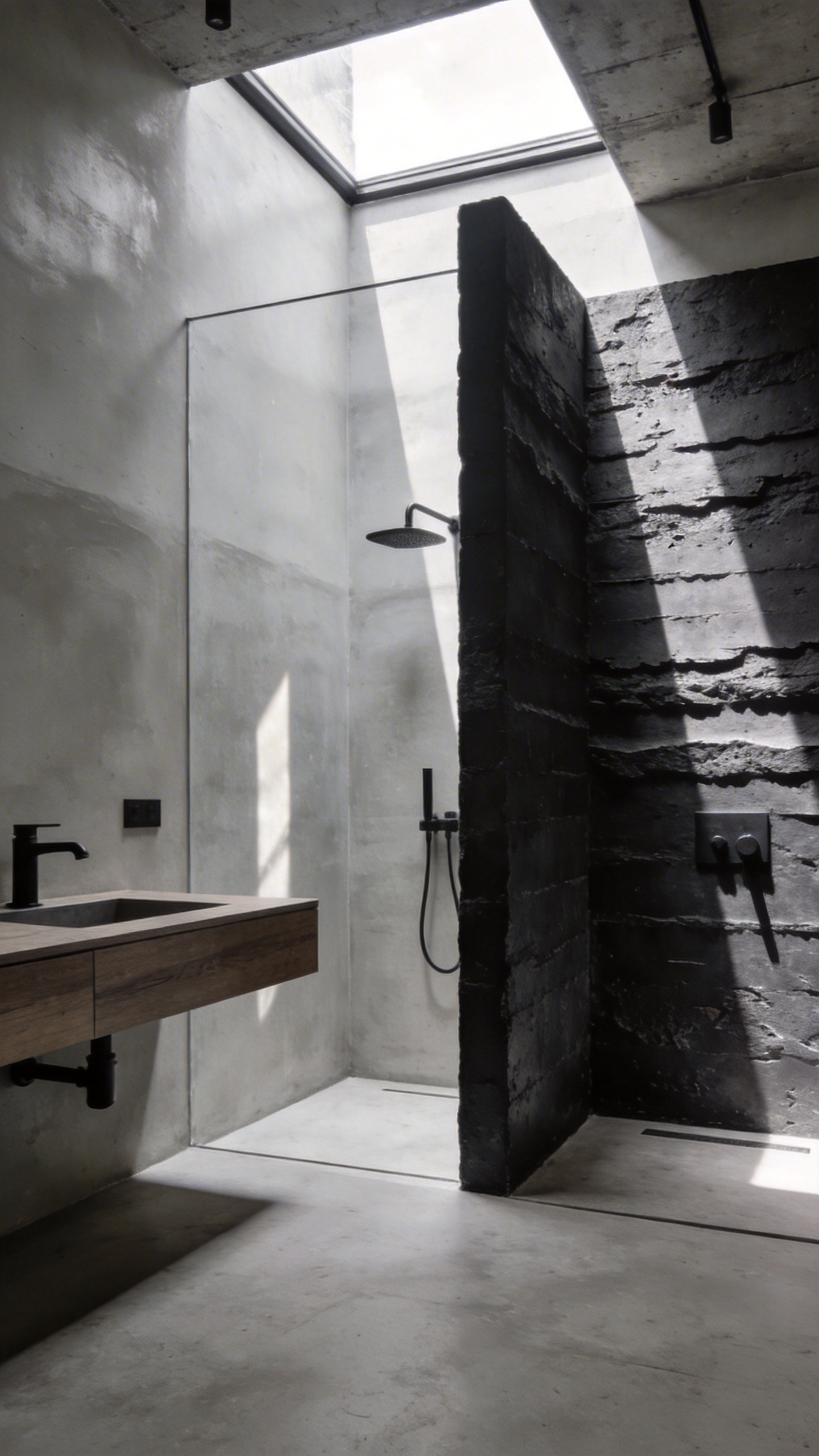 A modern industrial bathroom showcasing tactile zoning with smooth light grey micro-cement walls transitioning into a dark and heavily textured open shower area.
