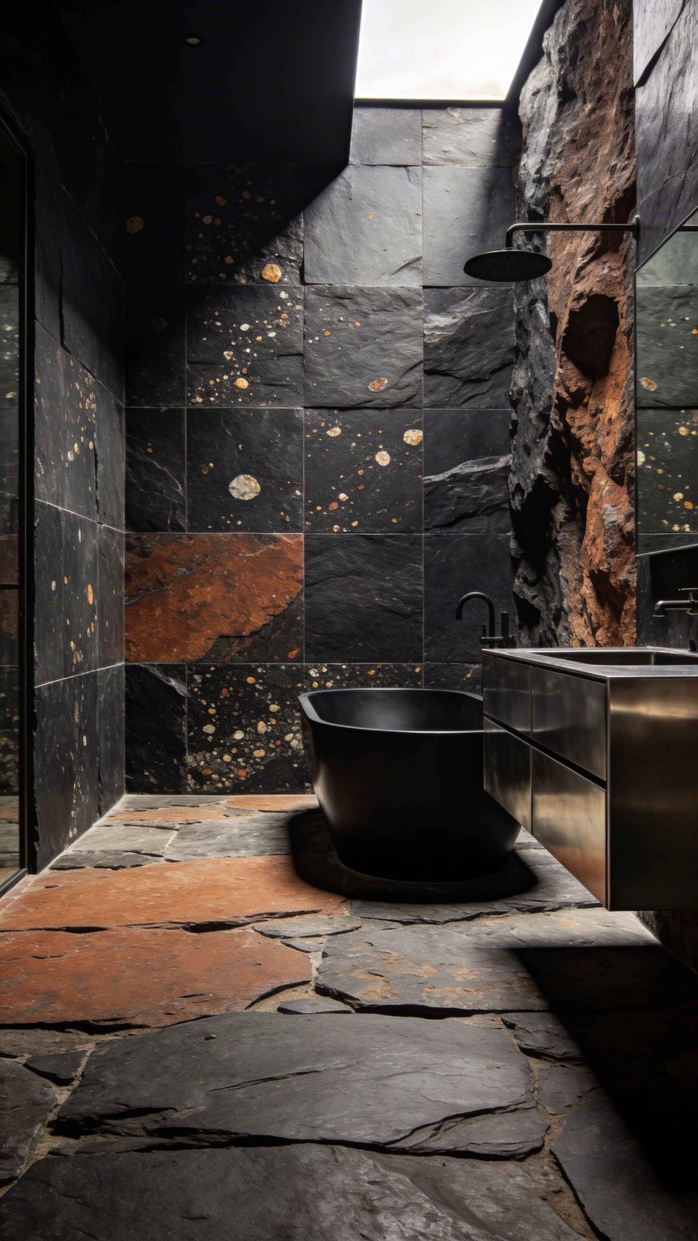 A full-view industrial bathroom featuring textured charcoal slate tiles with rust-colored inclusions on the walls and floor.