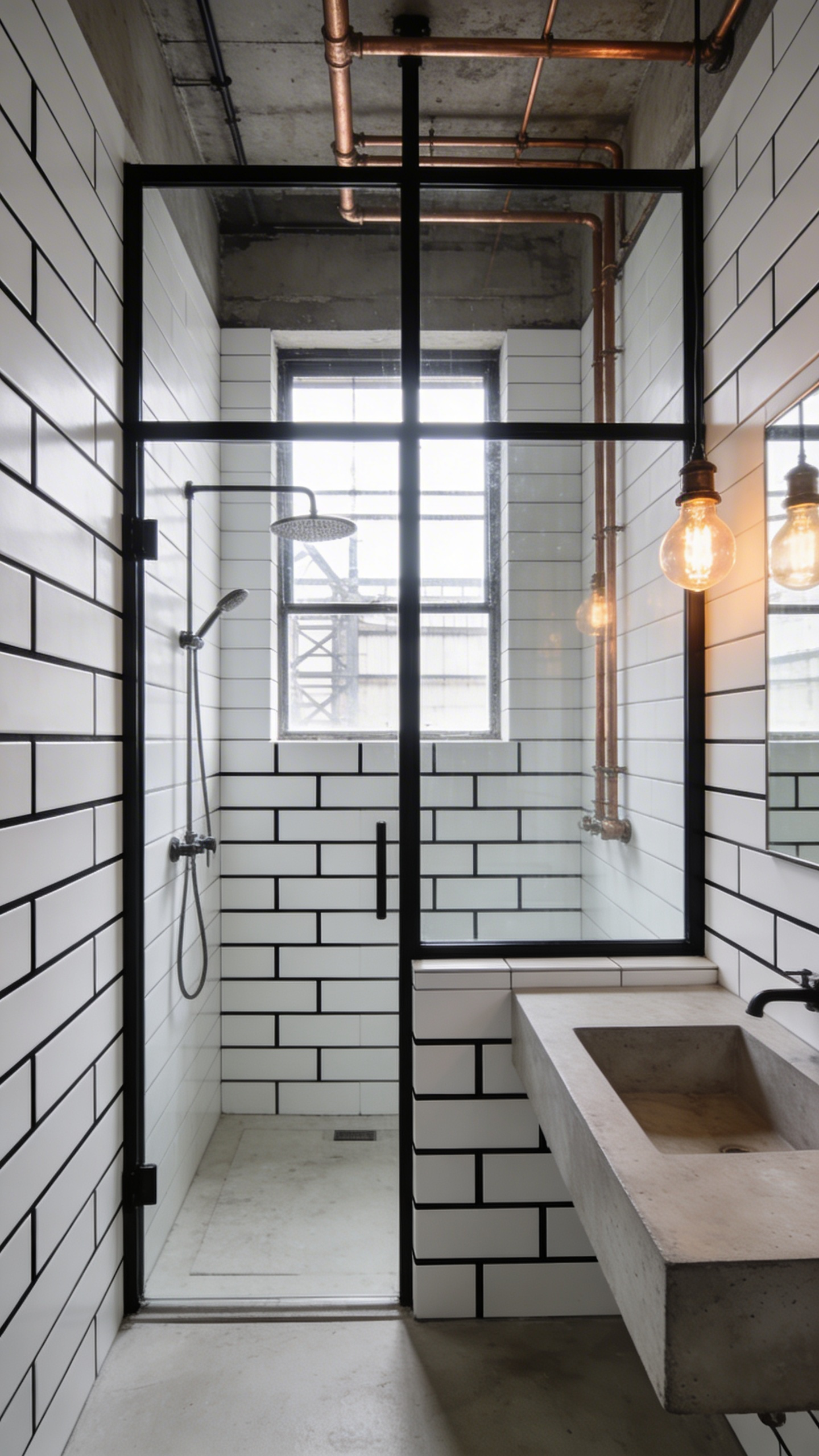 A bright industrial bathroom featuring a precise stacked bond tile layout on the walls with a black steel-framed shower and concrete accents.