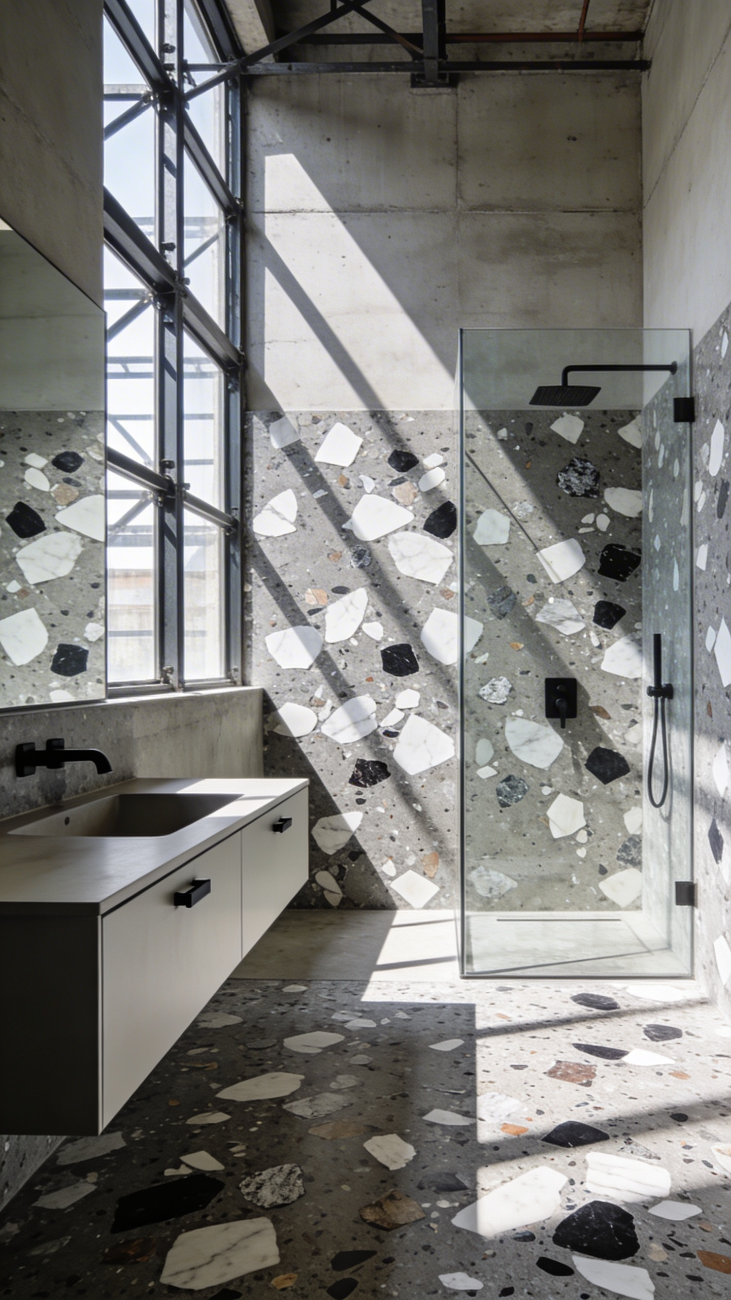 A spacious industrial bathroom with large aggregate terrazzo floor tiles, a floating vanity, and matte black fixtures under natural light.