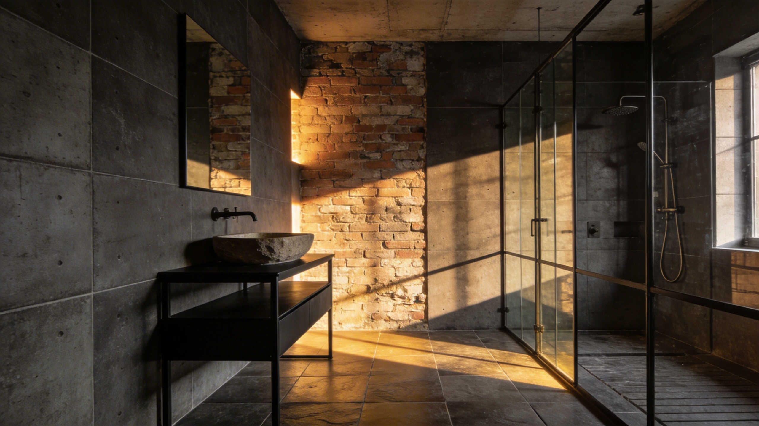 A luxury industrial bathroom featuring textured concrete walls and exposed brick highlighted by warm side lighting to create a sense of depth and warmth.