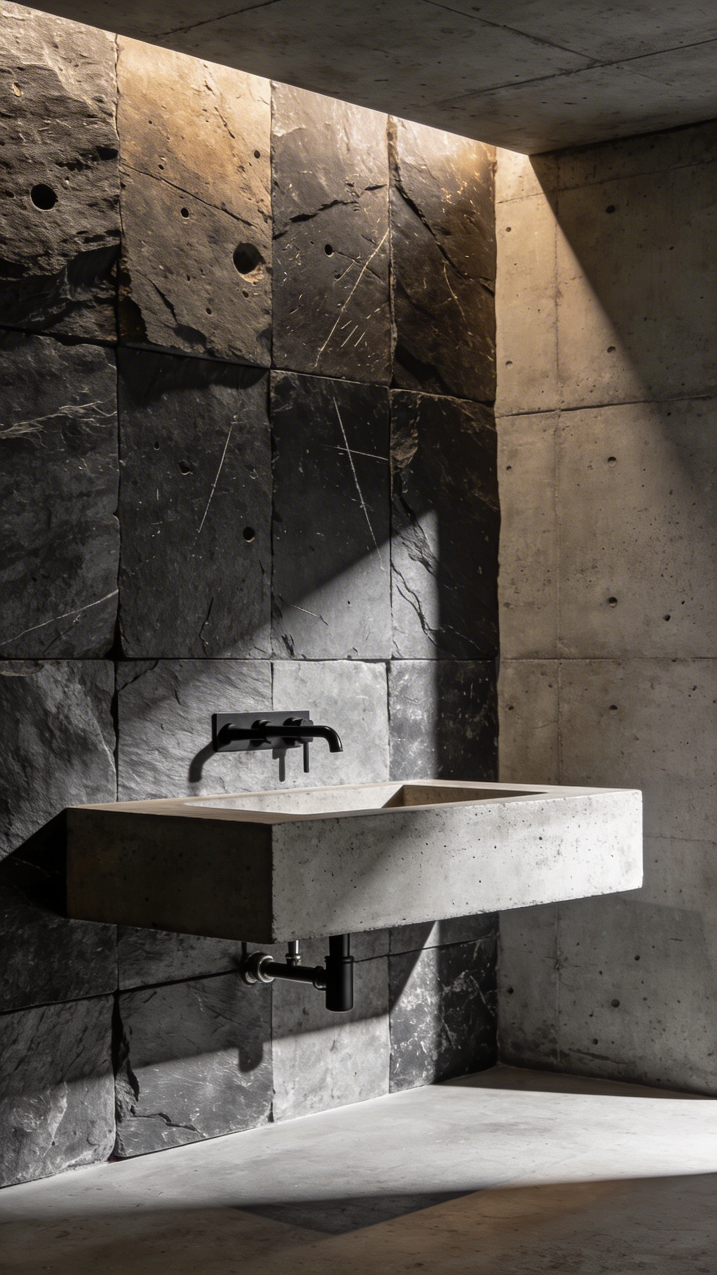 A full-view industrial bathroom with textured grey tiles emphasized by dramatic raking light and modern black fixtures.