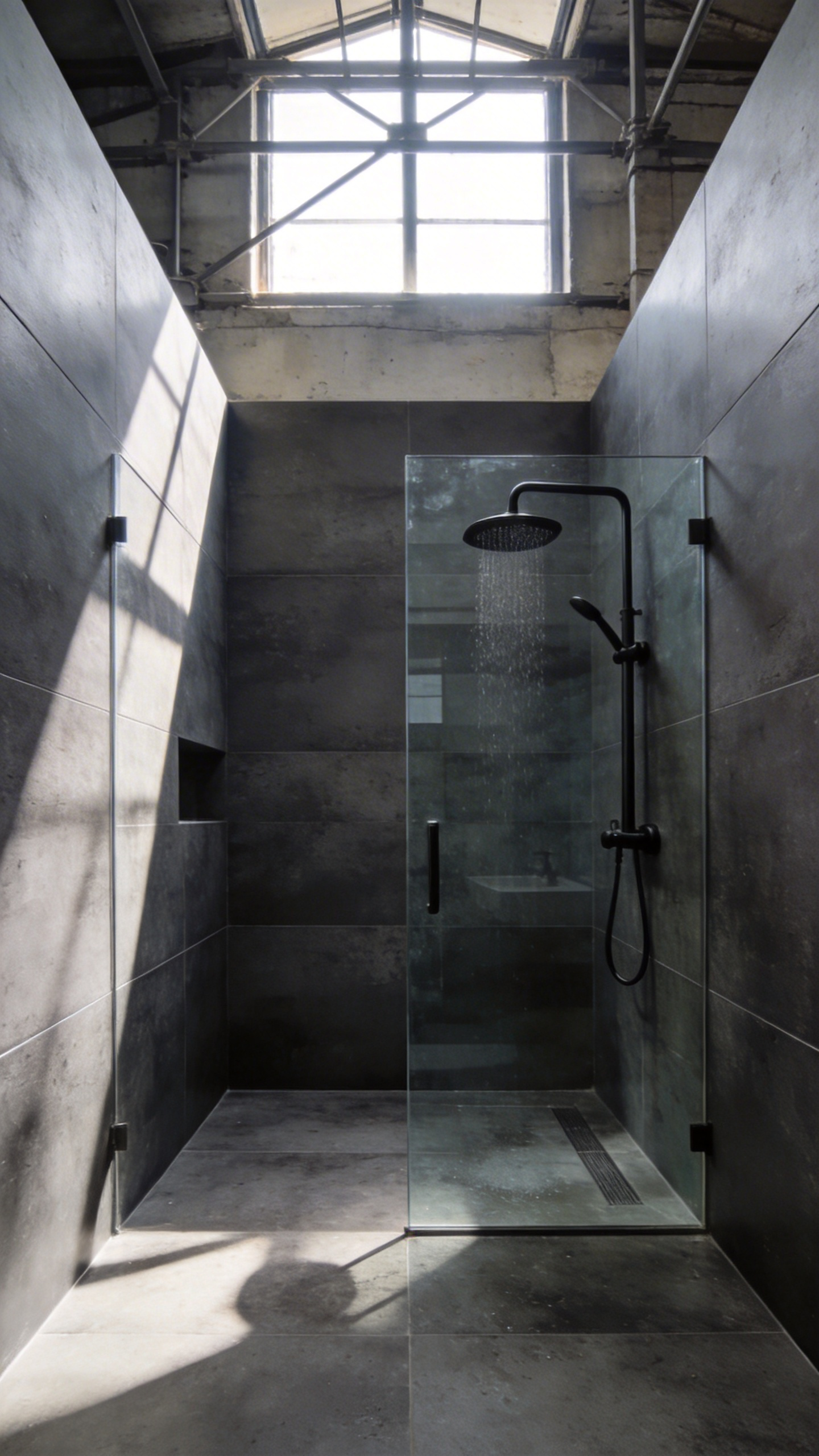 A modern industrial bathroom featuring charcoal grey concrete tiles flowing from the floor up the walls to create a seamless wet room design.