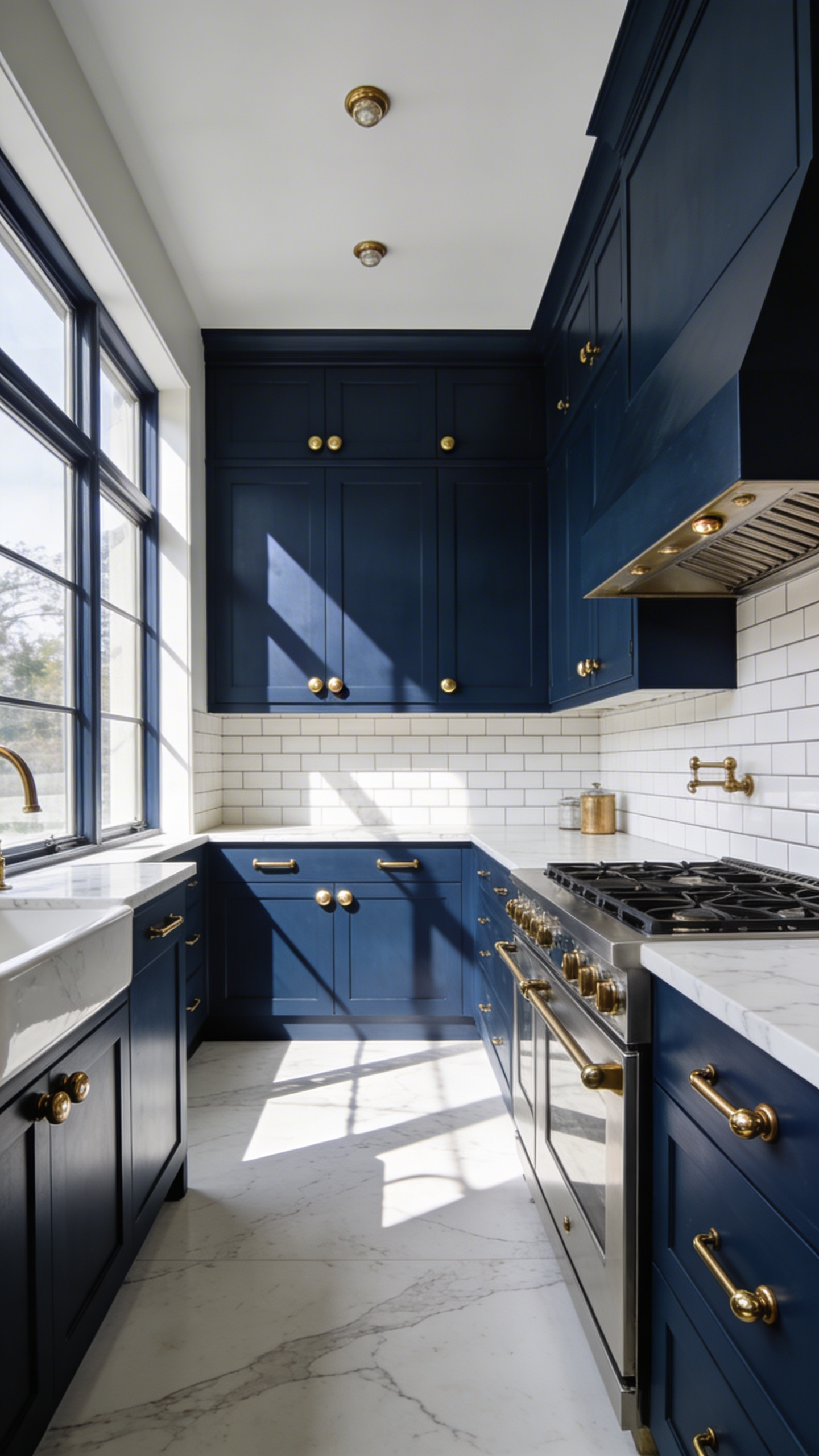 A spacious kitchen with navy blue cabinets featuring mixed metal hardware in brass and nickel finishes.