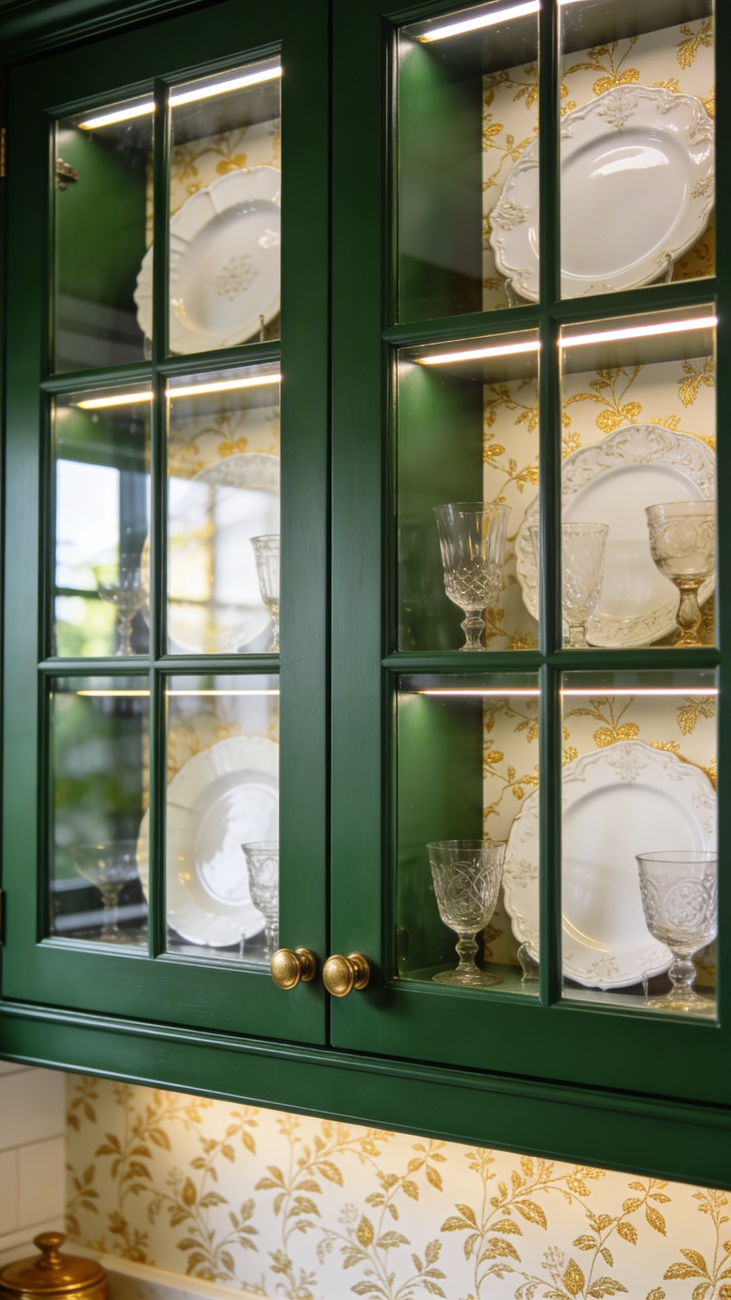 Glass-front kitchen cabinets painted forest green, featuring a cream botanical wallpaper lining the interior backs, displaying curated antique china and glassware.