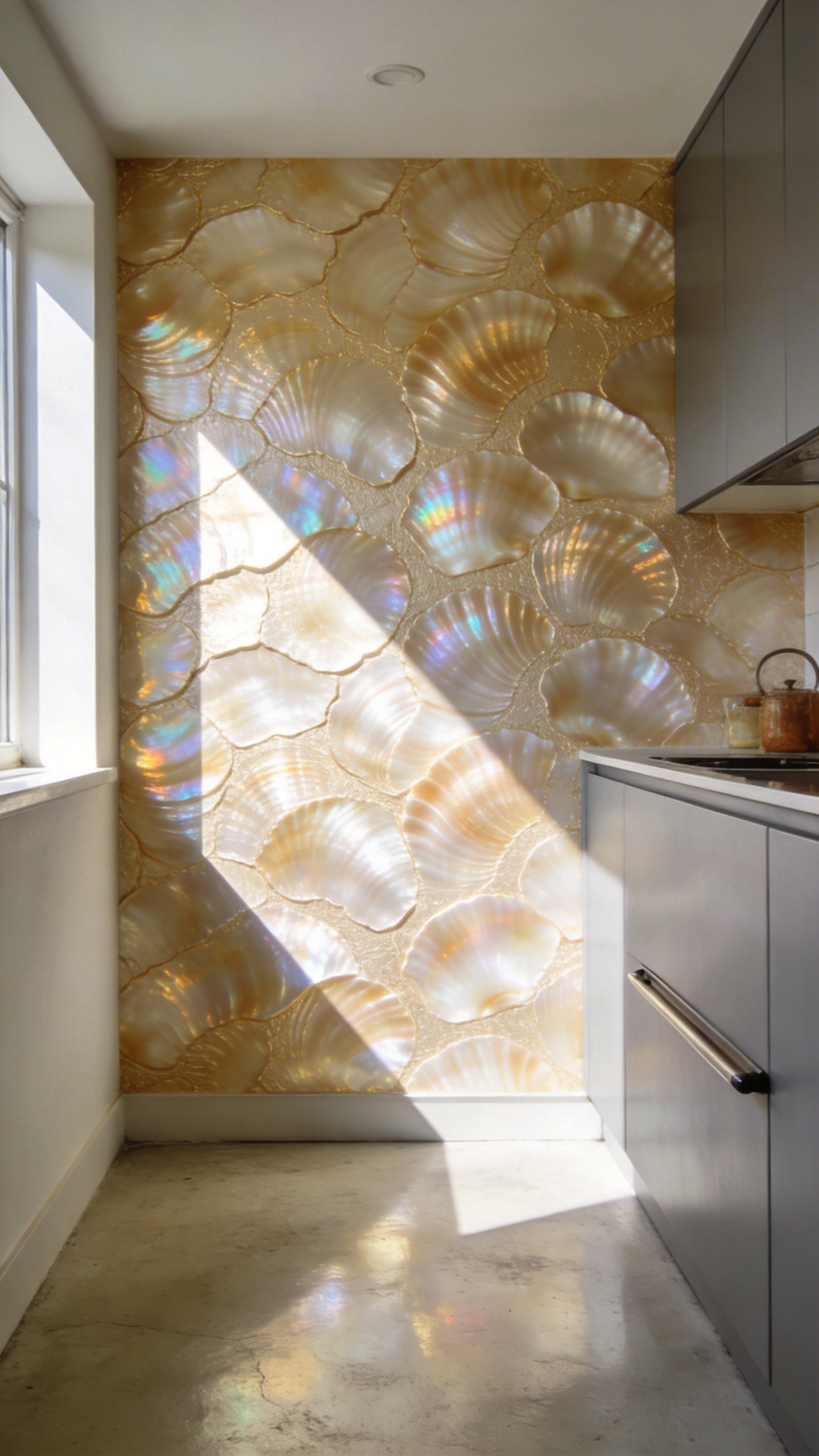 A compact, sunlit kitchen featuring high-sheen, iridescent champagne wallpaper reflecting light to create an expansive visual effect in the small room.