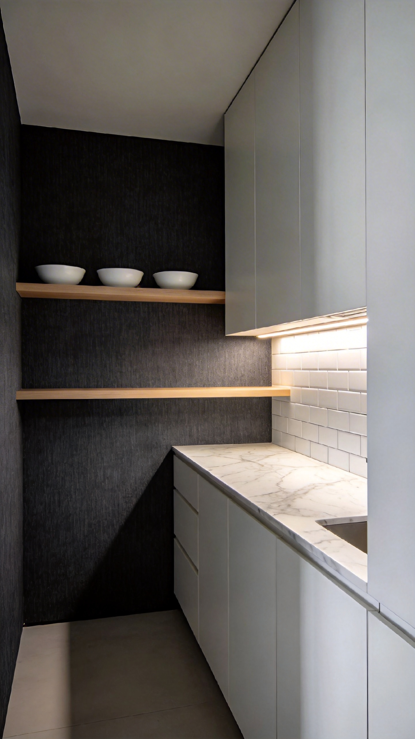 Small contemporary kitchen featuring a deep charcoal textured wallpaper on the back wall to create an illusion of depth, contrasted by white cabinets and marble counters.