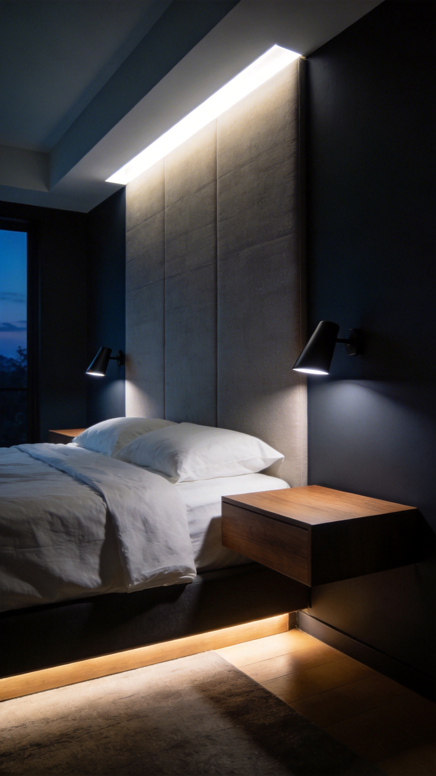 A sophisticated bedroom featuring three layers of lighting: ambient cove lighting, dedicated task lighting from wall sconces mounted above the bed, and subtle accent lighting under the floating nightstands.