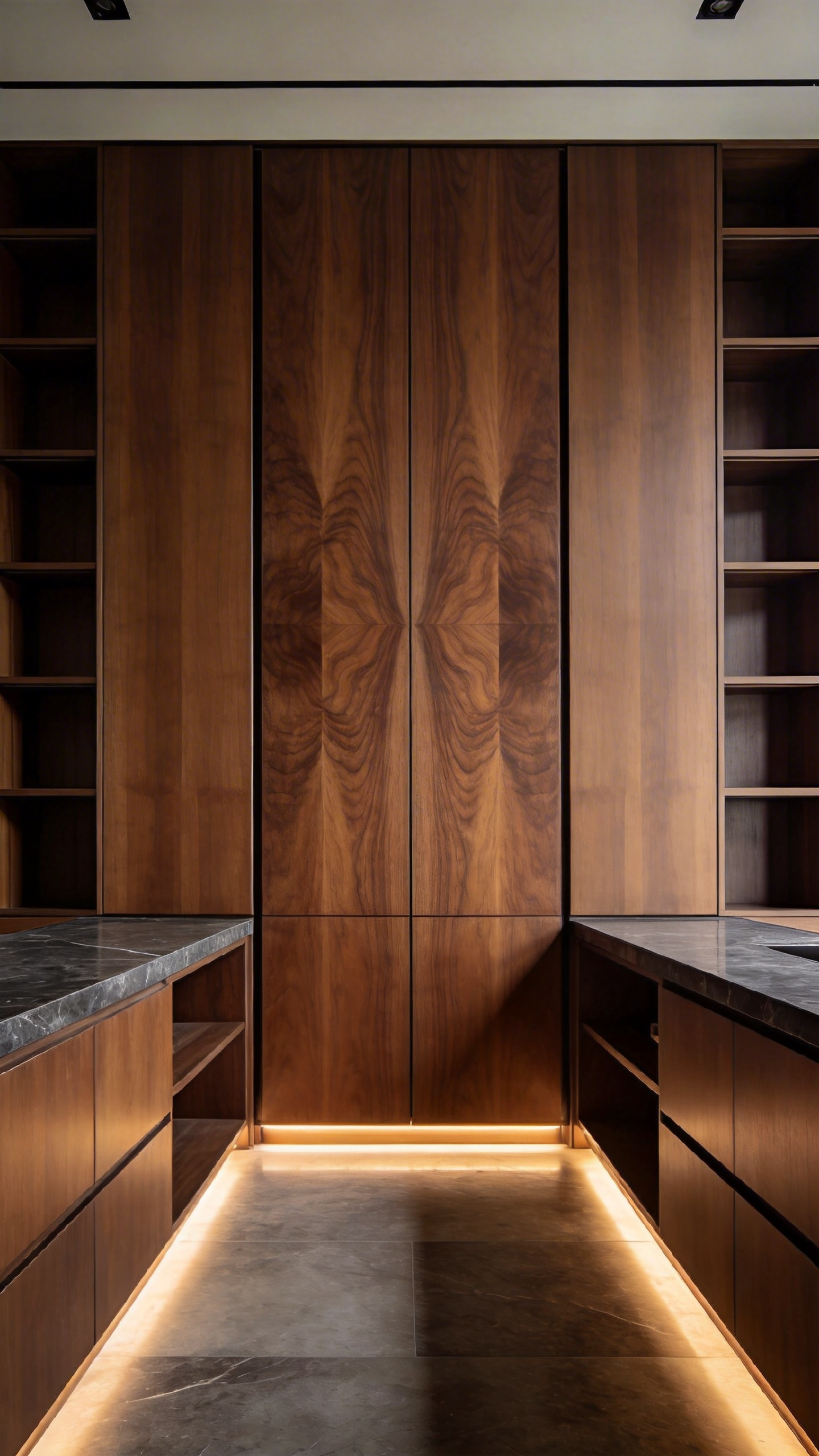 A full view of a luxury brown kitchen featuring floor-to-ceiling walnut cabinets. The architectural impact is highlighted by large book-matched wood panels creating perfect mirrored symmetry.