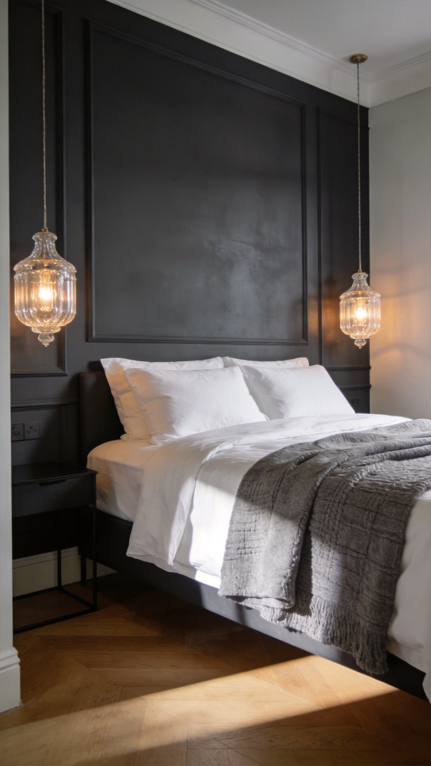 A wide shot of a master bedroom with flawless charcoal gray walls and warm bedside lighting highlighting a professional paint finish.