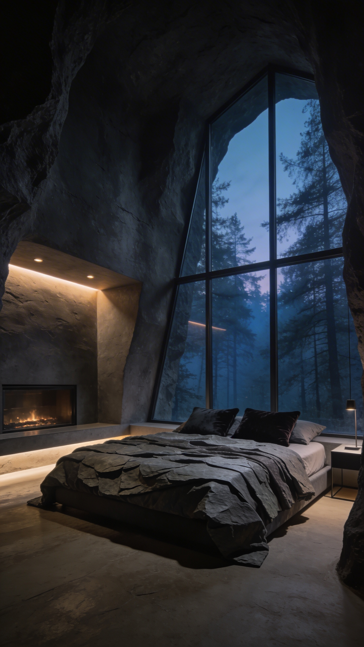 A luxury bedroom with dark charcoal paint and warm indirect lighting designed for psychological comfort and relaxation.