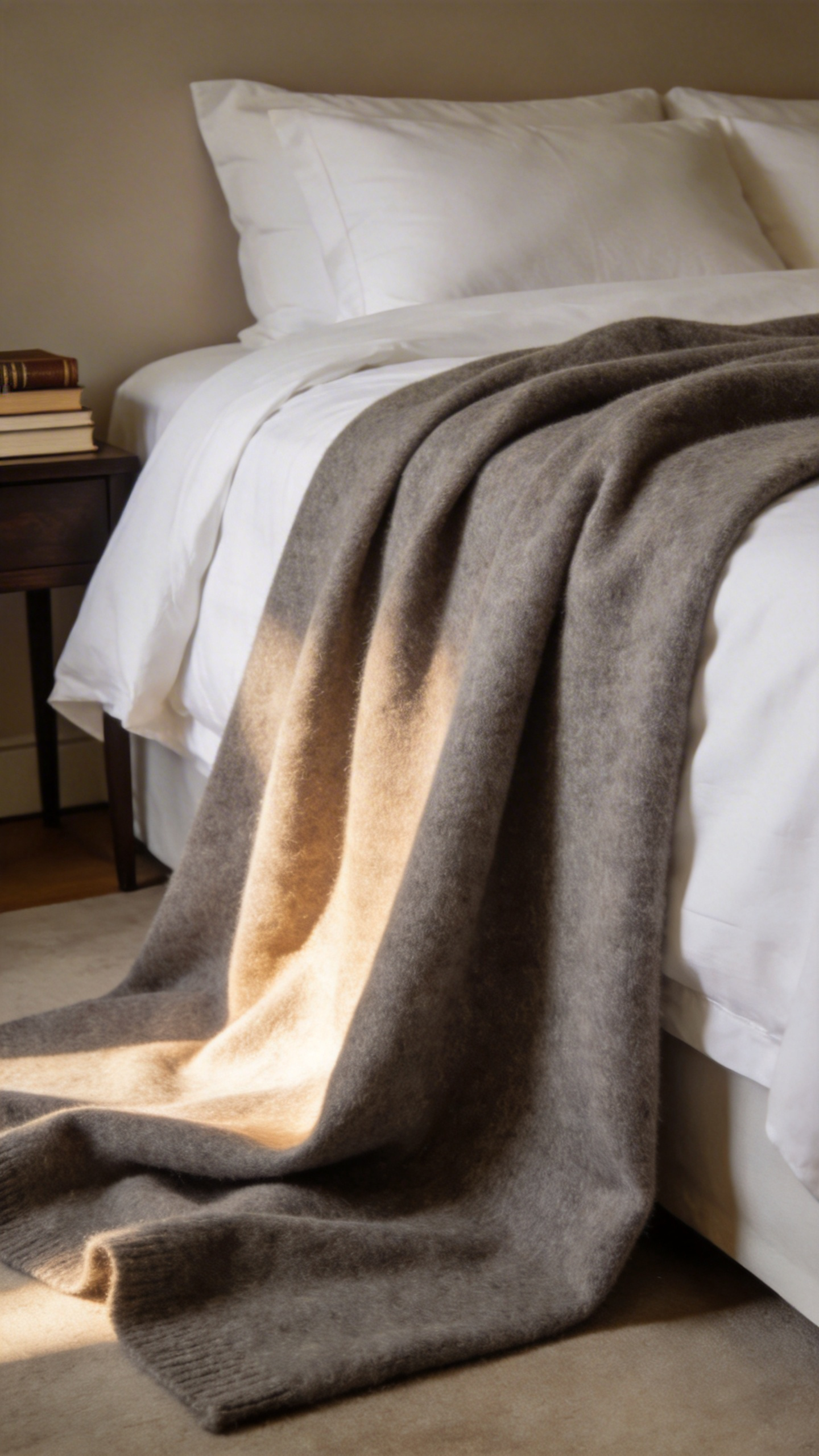 A luxurious heather gray cashmere throw draped across a king-sized bed with crisp white sheets in a bright, modern neutral bedroom setting.