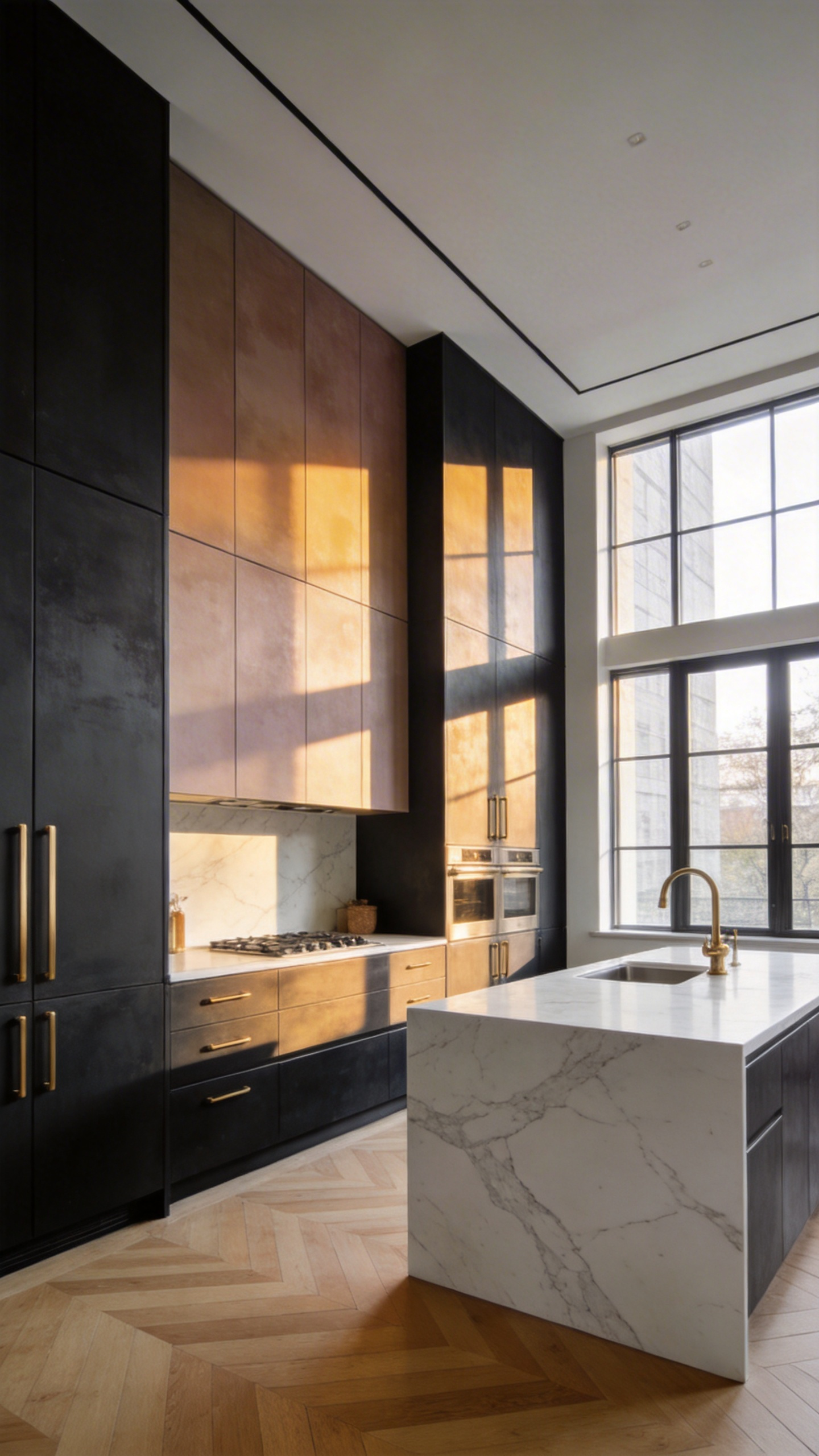 A luxury kitchen scene featuring cabinetry with complex gray paint that shifts tones under natural lighting.