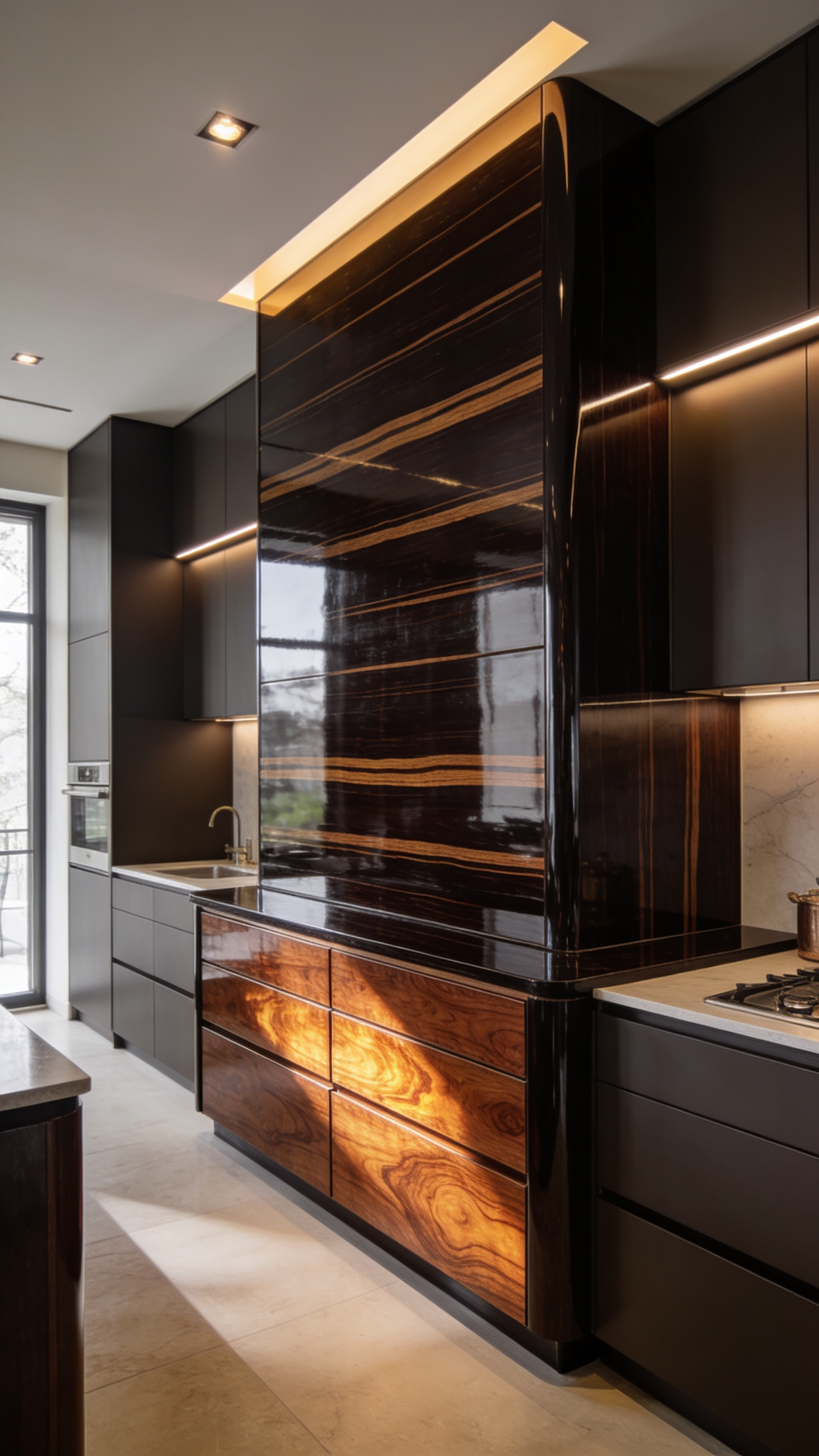 A luxury kitchen island showcasing integrated panels of linear-striped Macassar Ebony veneer and glowing, warm East Indian Rosewood veneer.