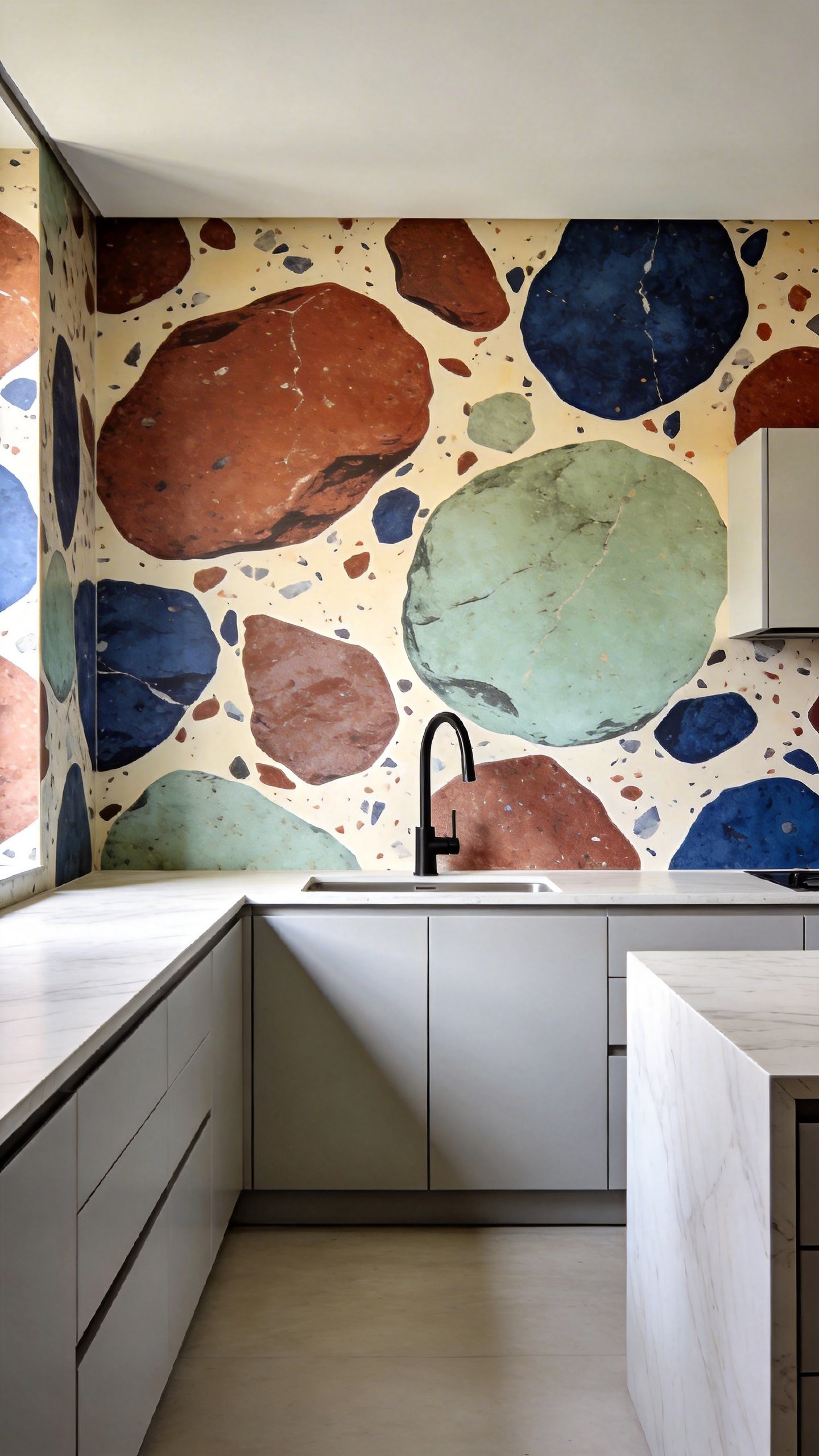 Modern kitchen interior featuring a bold, macro-scale terrazzo wallpaper backsplash with oversized composite chips in terracotta and gray, contrasted against minimalist gray cabinetry.