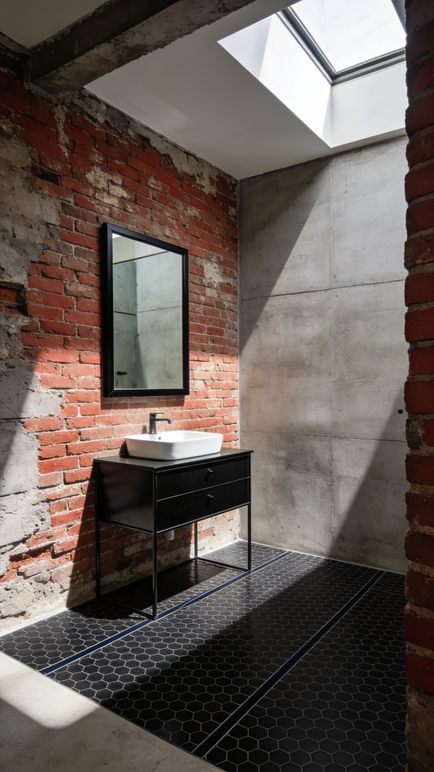 A modern industrial bathroom floor featuring matte black hexagon tiles set against a rustic exposed brick wall and concrete surfaces.