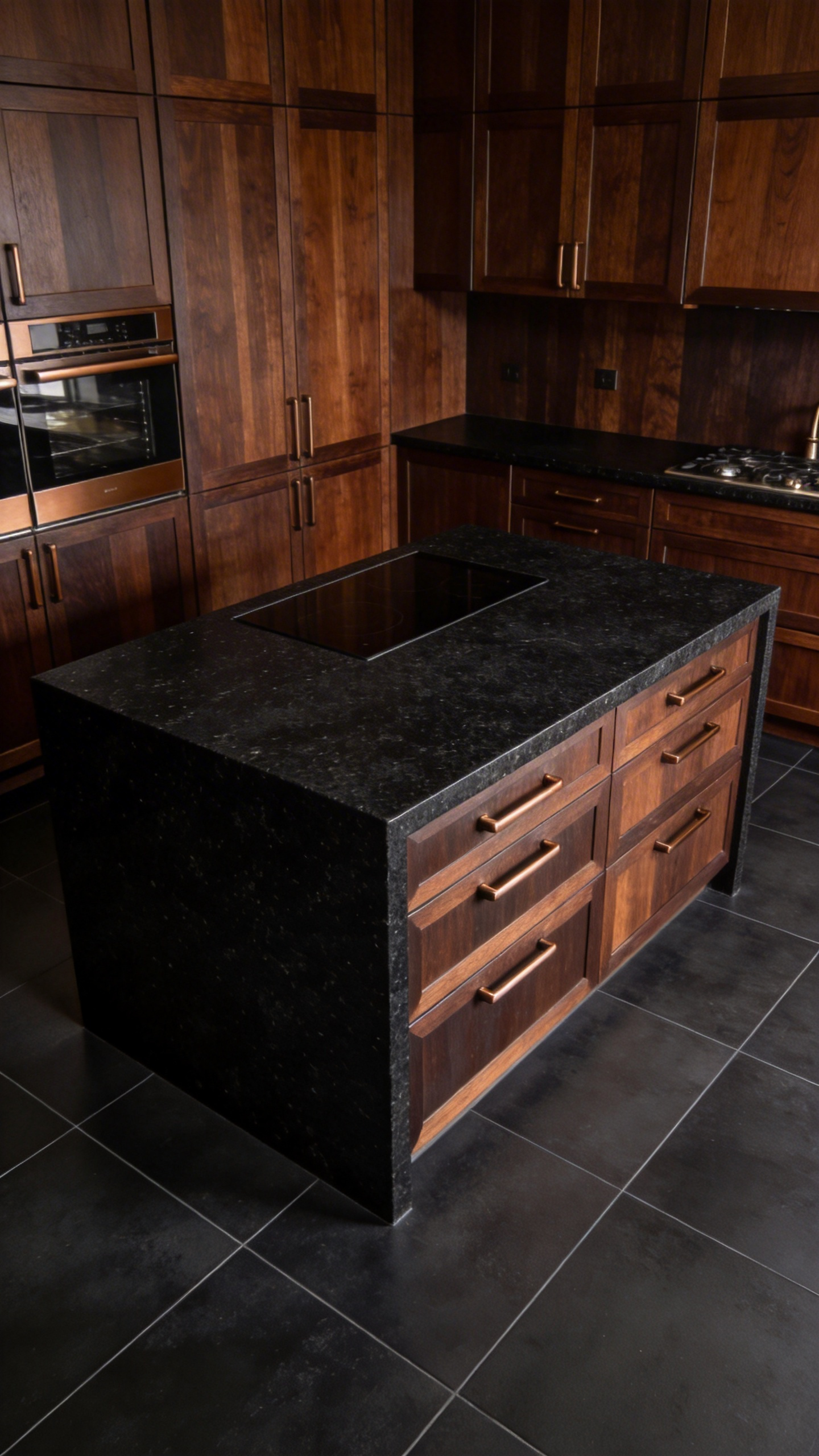 A luxurious modern kitchen featuring floor-to-ceiling ultra-matte dark brown walnut cabinetry, showcasing deep color saturation and visible wood grain texture under soft, diffused lighting.