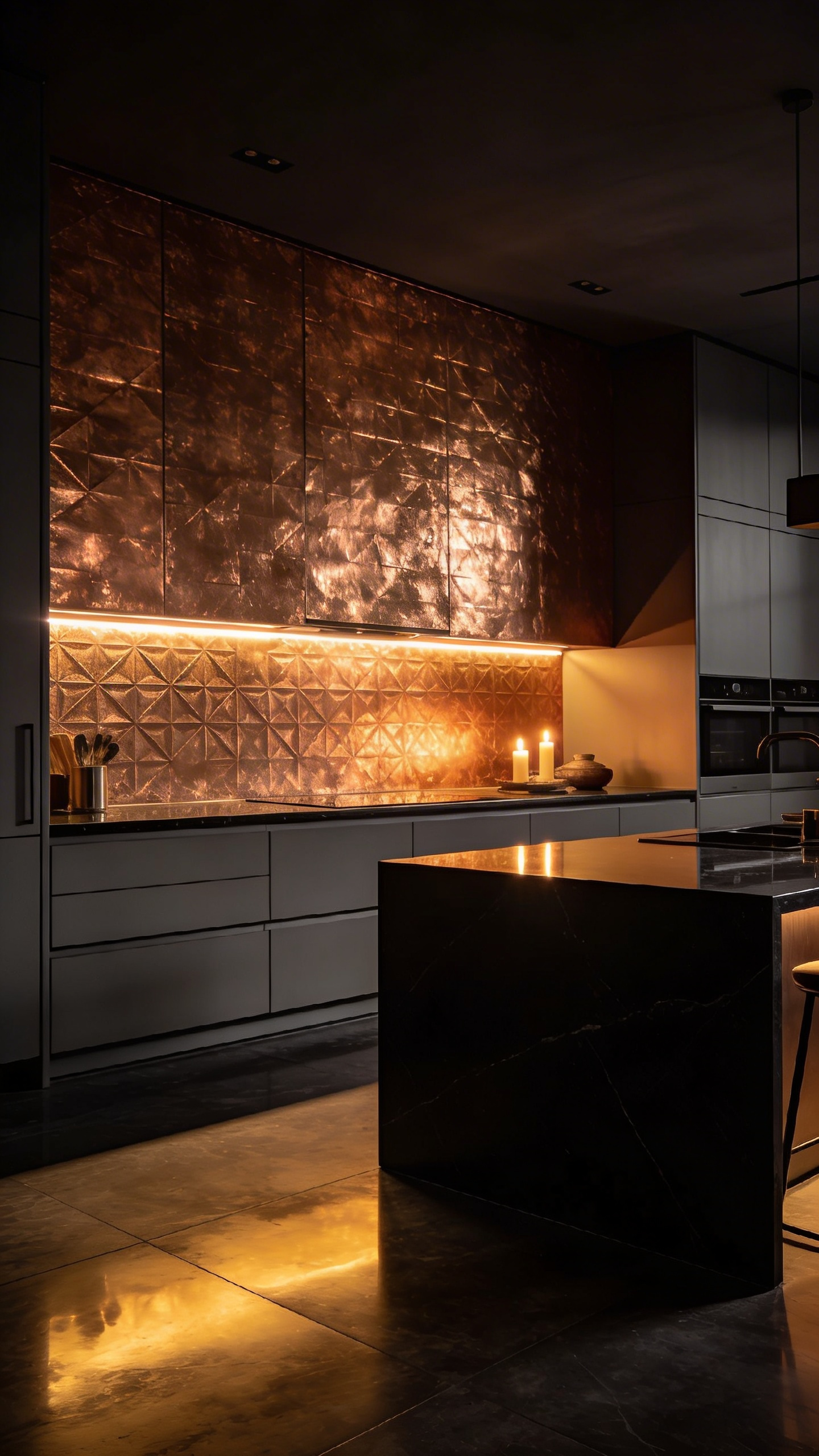 A modern kitchen featuring deep copper metallic wallpaper reflecting intense amber light from concealed smart LEDs, creating a warm, moody candlelight effect against dark gray cabinets.
