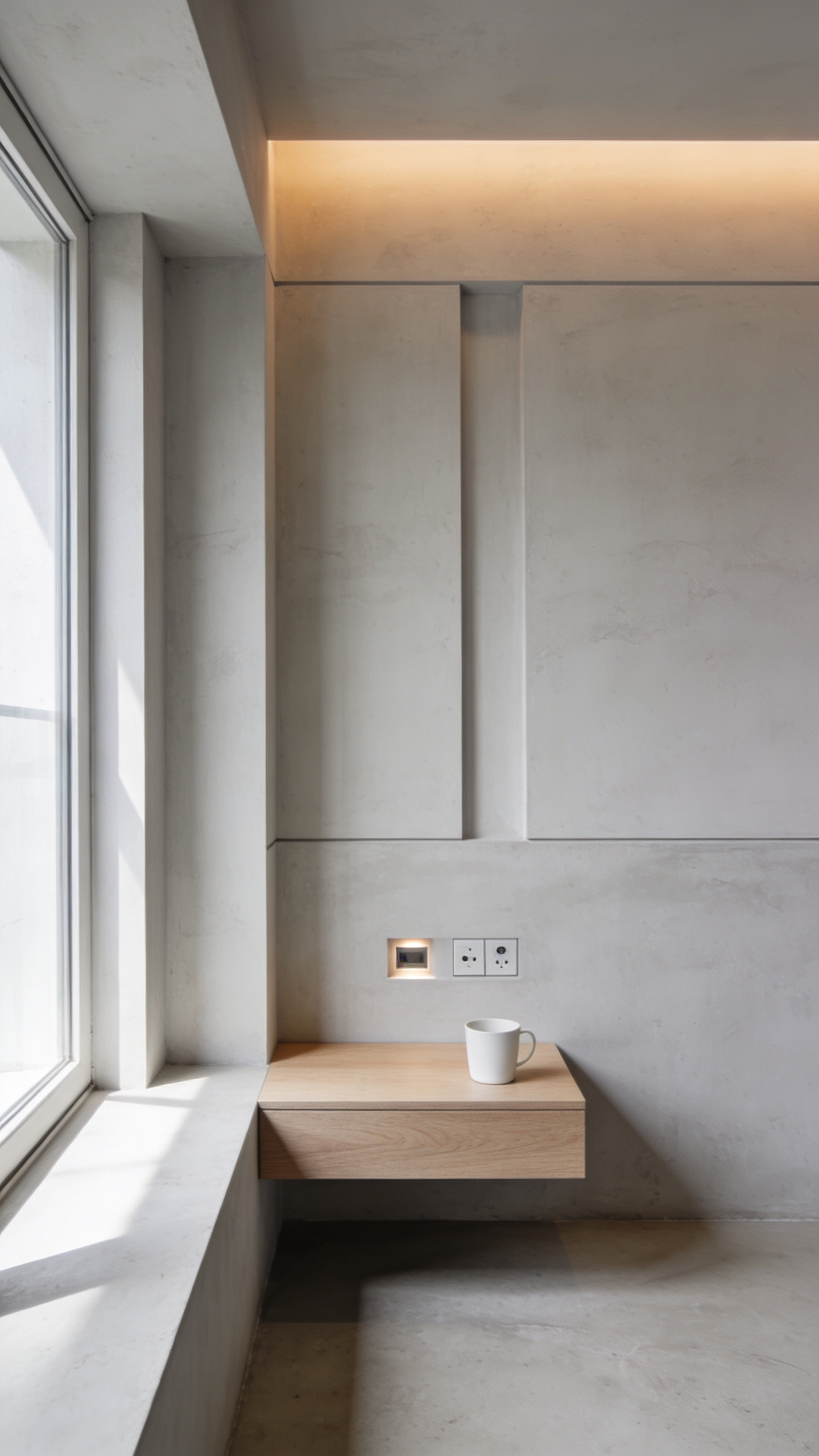 A pristine, cable-free minimalist bedroom featuring a floating oak nightstand and seamless wall paneling, illustrating advanced architectural concealment of technology.