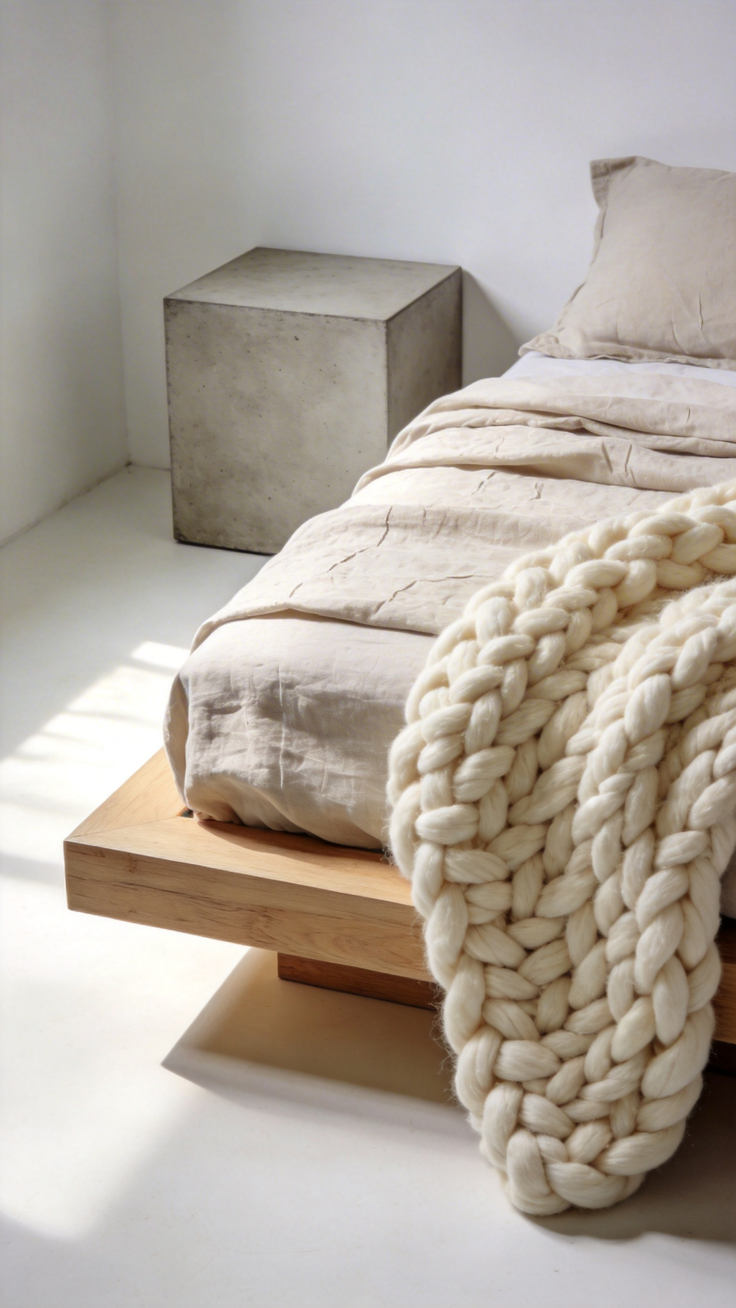 Minimalist bedroom featuring a light oak platform bed softened by layered oatmeal linen bedding and a chunky cream wool throw, highlighting the contrast between stark geometry and organic texture.
