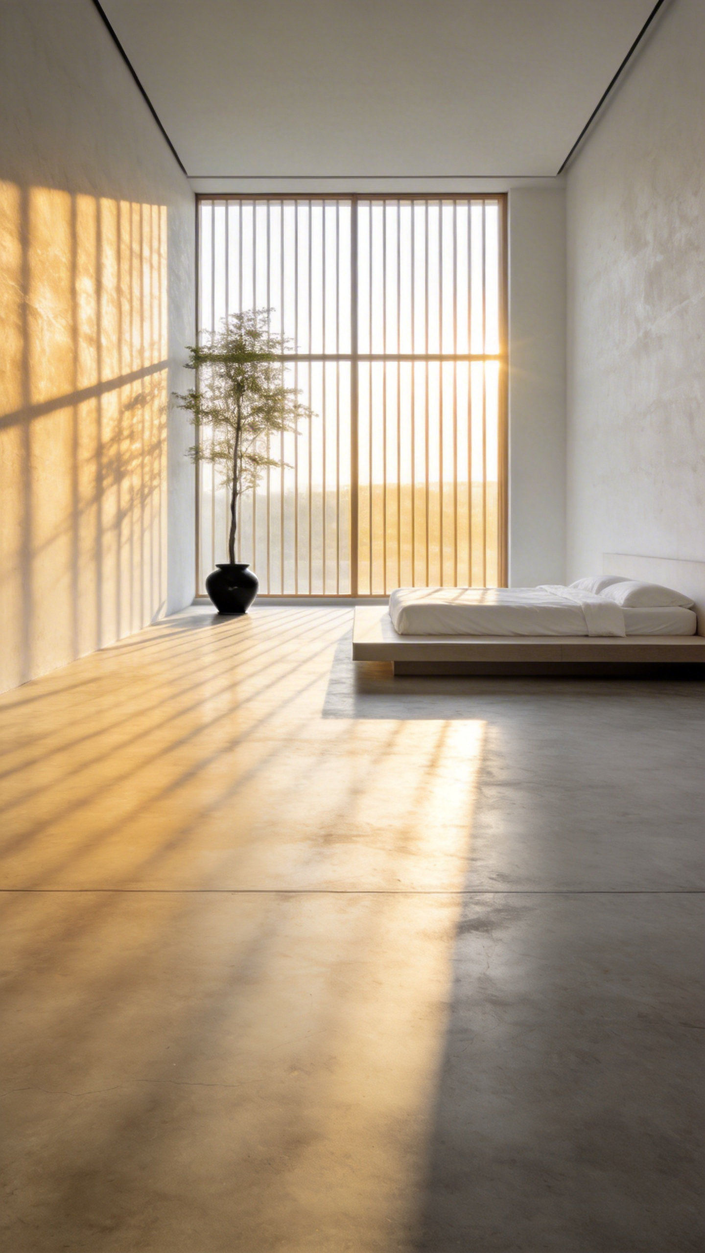 Minimalist bedroom showcasing dynamic negative space on a polished concrete floor with a low platform bed and long morning shadows emphasizing the principle of Ma.