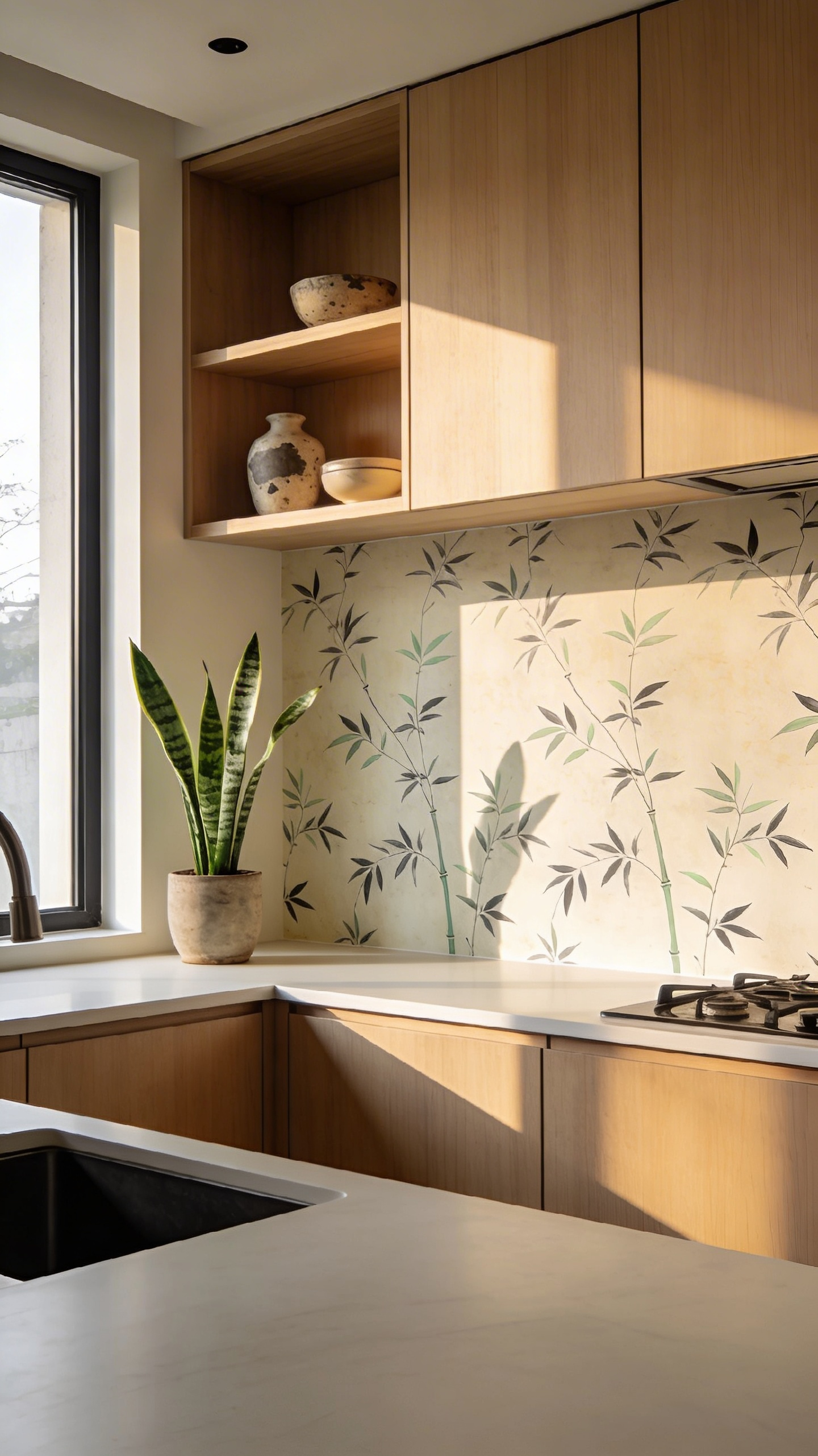 Minimalist Japandi kitchen featuring light oak cabinetry, white countertops, and subtle botanical wallpaper with sparse charcoal and sage leaf illustrations, emphasizing clean lines and tranquility.