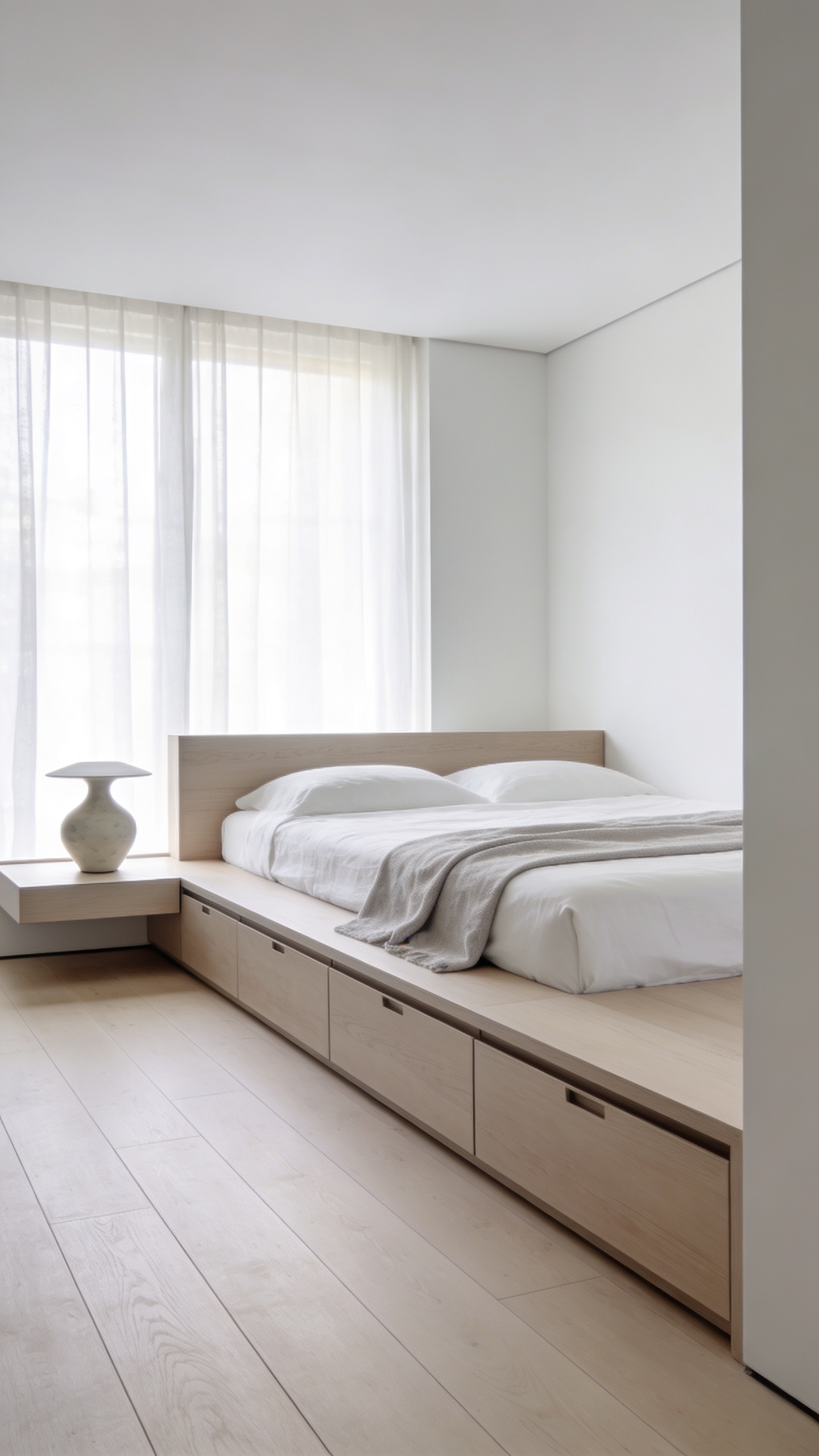 A photograph of a bright minimalist bedroom featuring a low-profile platform bed with concealed storage drawers and crisp white linen bedding, emphasizing spaciousness and clean lines.