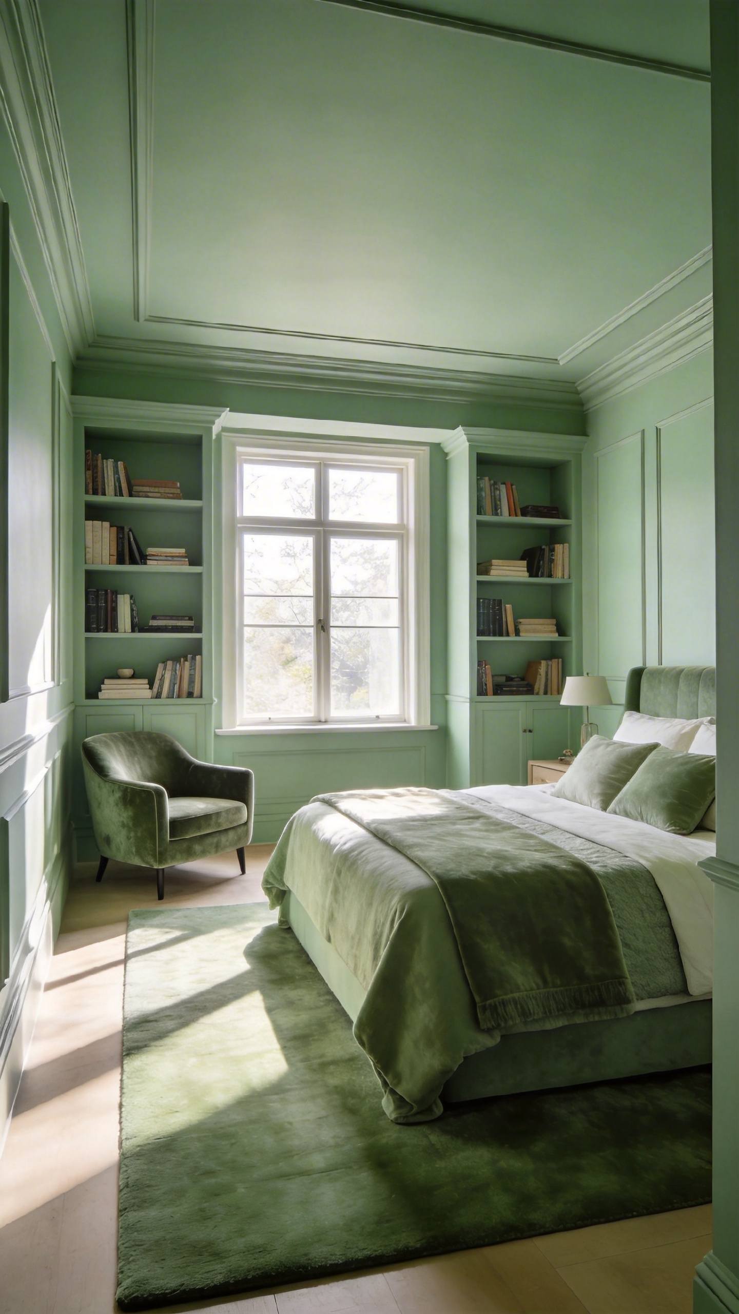 A luxurious bedroom utilizing color drenching with walls and ceiling painted in a single shade of sage green to create a calming monochromatic retreat.