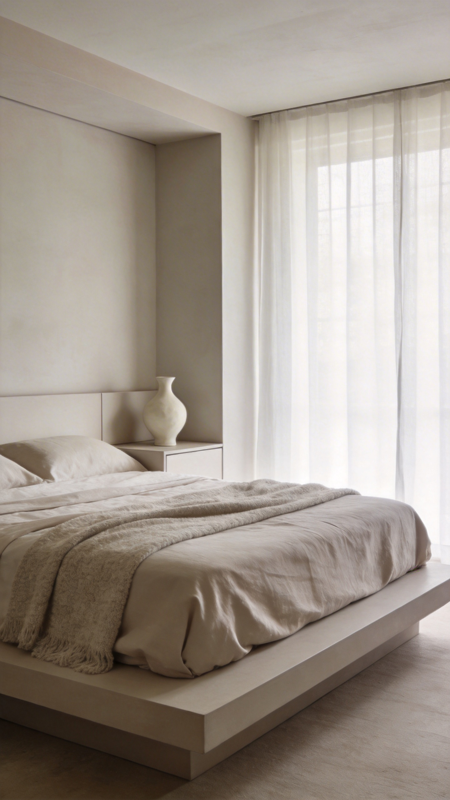 Ultra-minimalist bedroom designed in a monochromatic palette of pale warm gray and cream, demonstrating seamless tonal variance rather than jarring high contrast for reduced visual noise.
