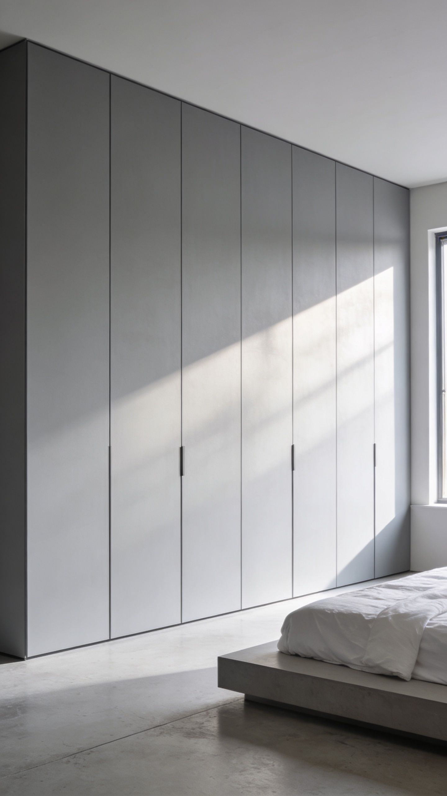 A serene minimalist bedroom featuring a full wall of seamless matte gray slab wardrobes utilizing concealed push-to-open mechanisms to achieve a handle-free, monolithic aesthetic.