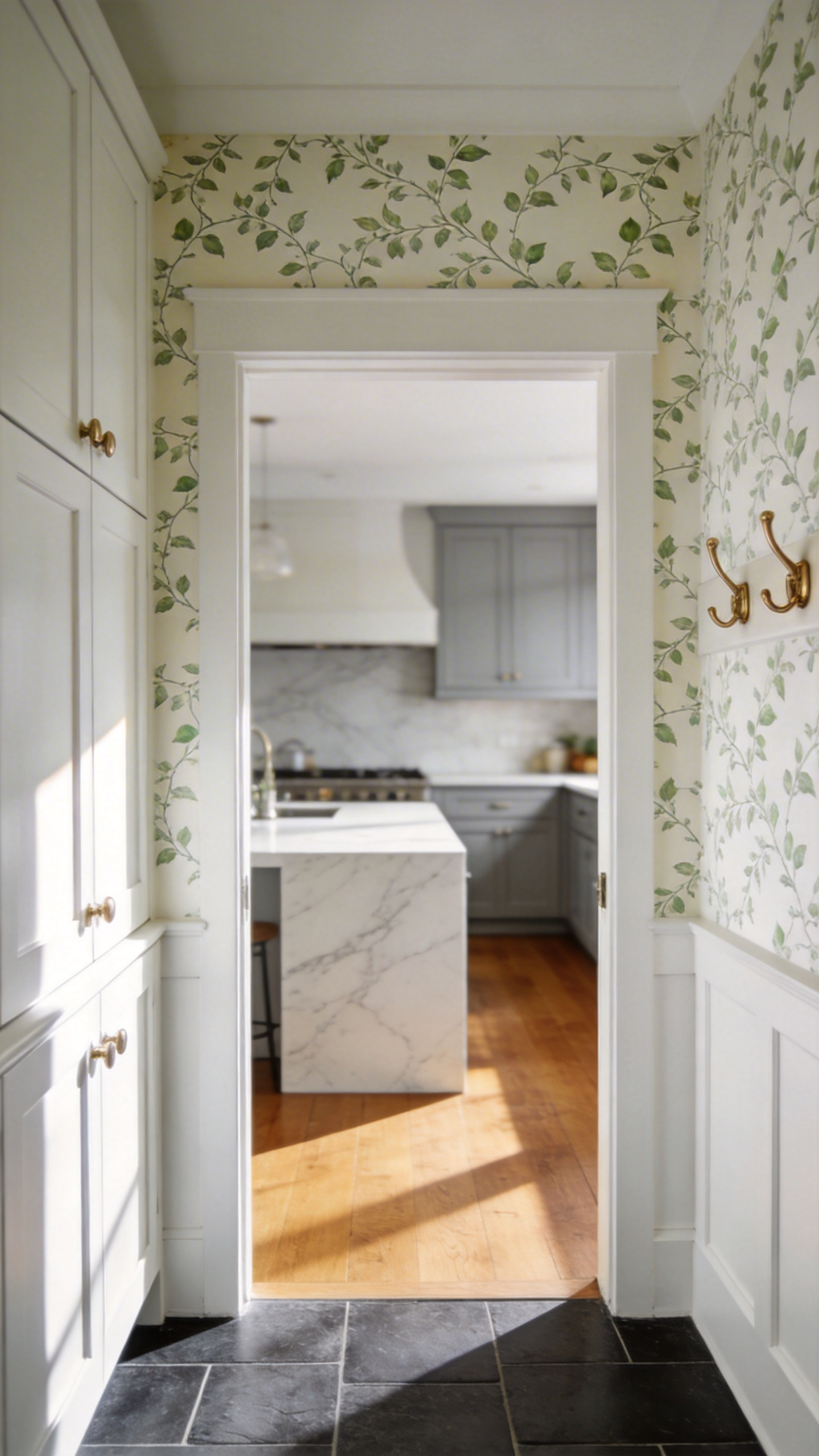 Transitional mudroom featuring delicate botanical wallpaper flowing directly into a bright, high-end kitchen space, demonstrating visual continuity between service areas.