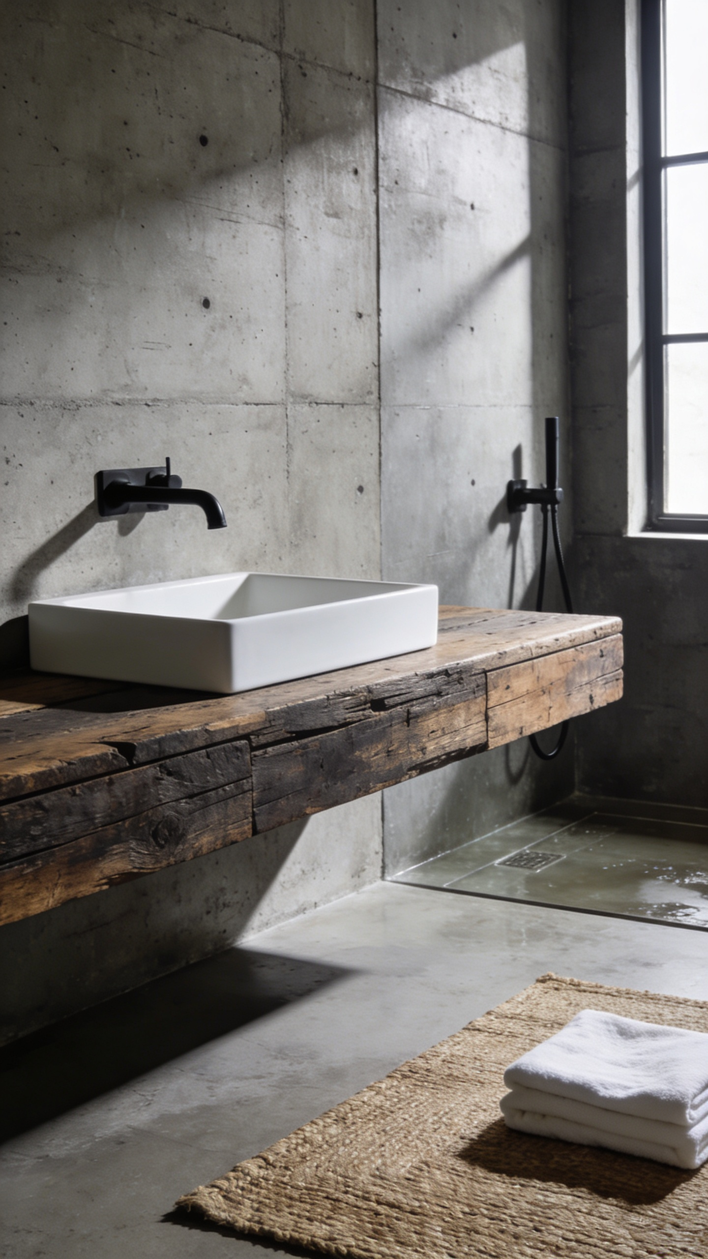 High-contrast Rustic-Industrial bathroom featuring a reclaimed wood floating vanity against monolithic raw concrete walls and floors, lit by natural daylight.