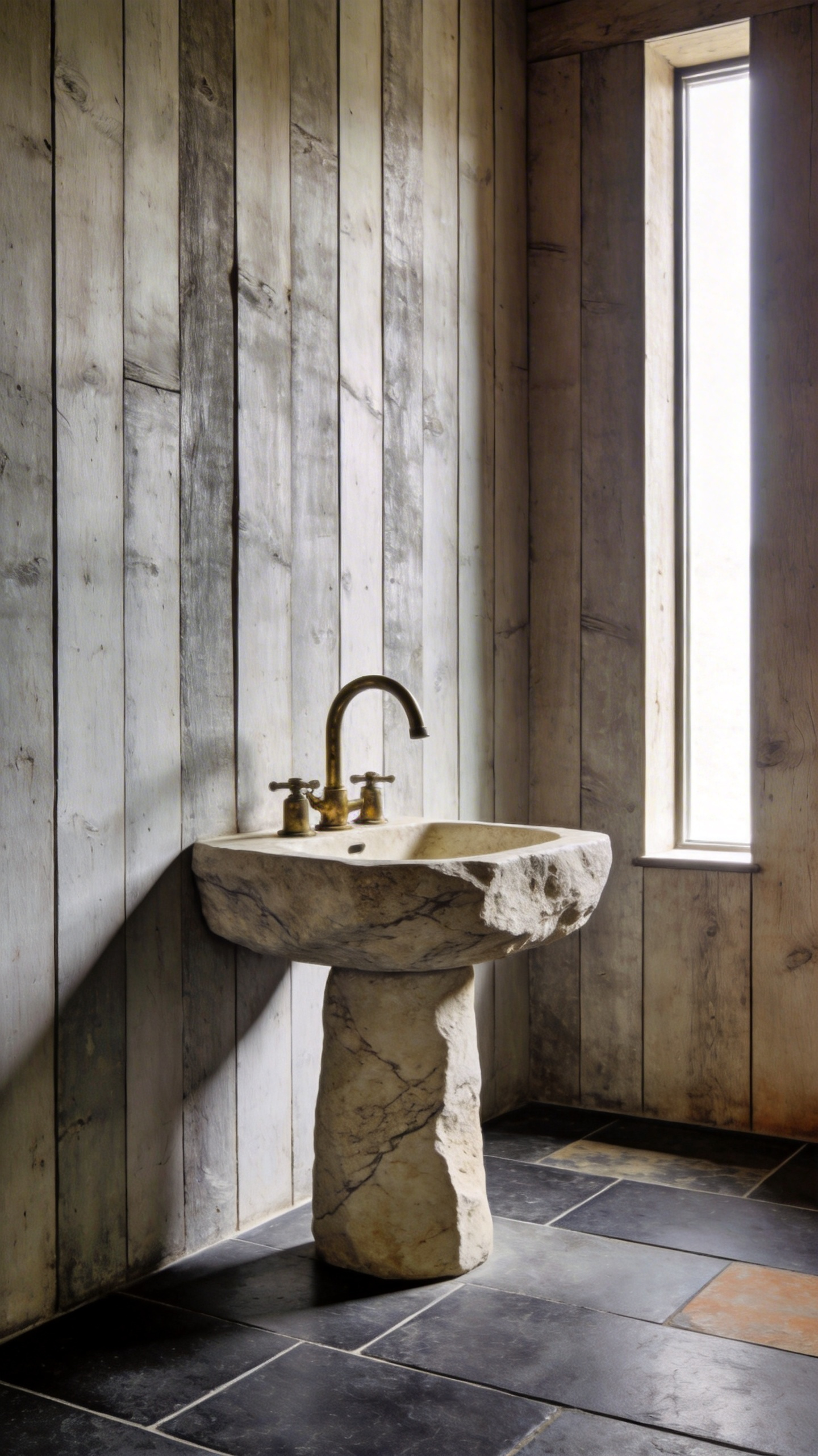 Rustic and sustainable bathroom interior featuring honed slate floors, reclaimed wood paneling, an aged travertine stone sink, and unlacquered brass fixtures, emphasizing a design philosophy of material permanence and material honesty.