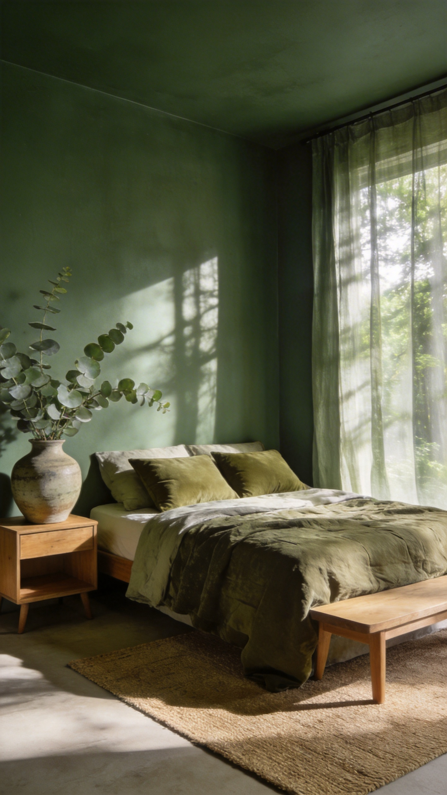 A tranquil bedroom with sage green walls, linen bedding, and natural wood furniture illuminated by soft morning sunlight.