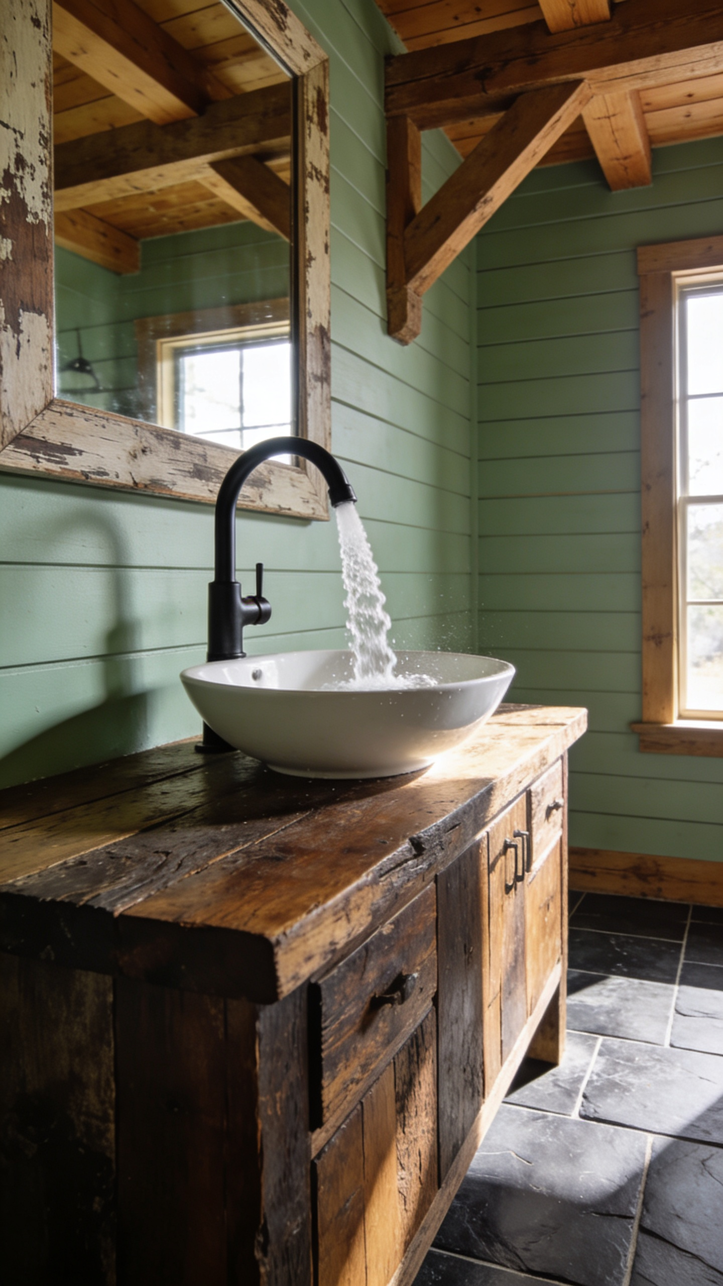 A rustic farmhouse bathroom vanity featuring a running matte black WaterSense certified faucet over a vessel sink, demonstrating high-performance water flow against reclaimed wood and shiplap.