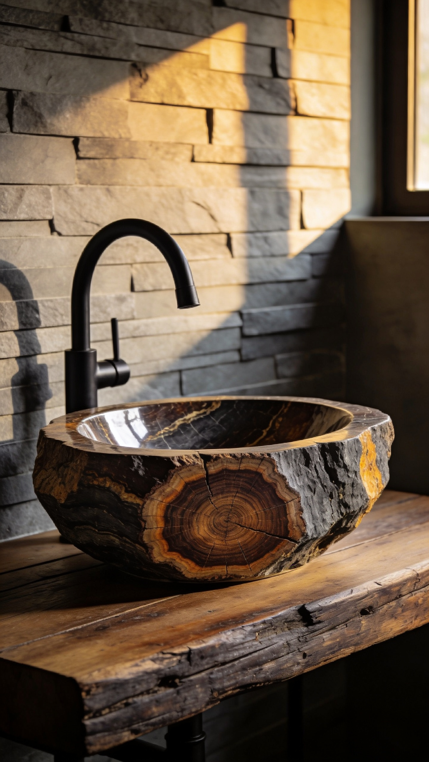 High-quality photograph of a rustic bathroom design showcasing a petrified wood vessel sink resting on a reclaimed wood vanity with a matte black wall faucet.
