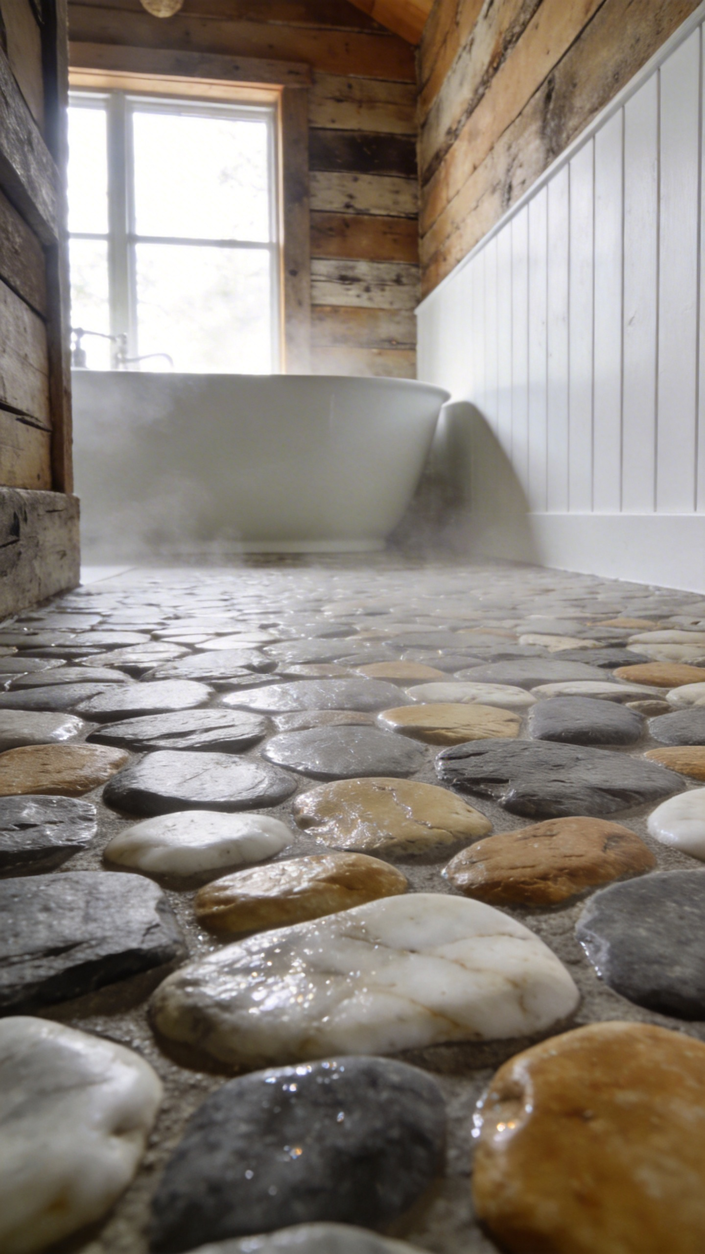 A full-scene image of a rustic bathroom featuring irregular, textured river rock flooring, a freestanding bathtub, and reclaimed wood walls under soft, diffused natural light.