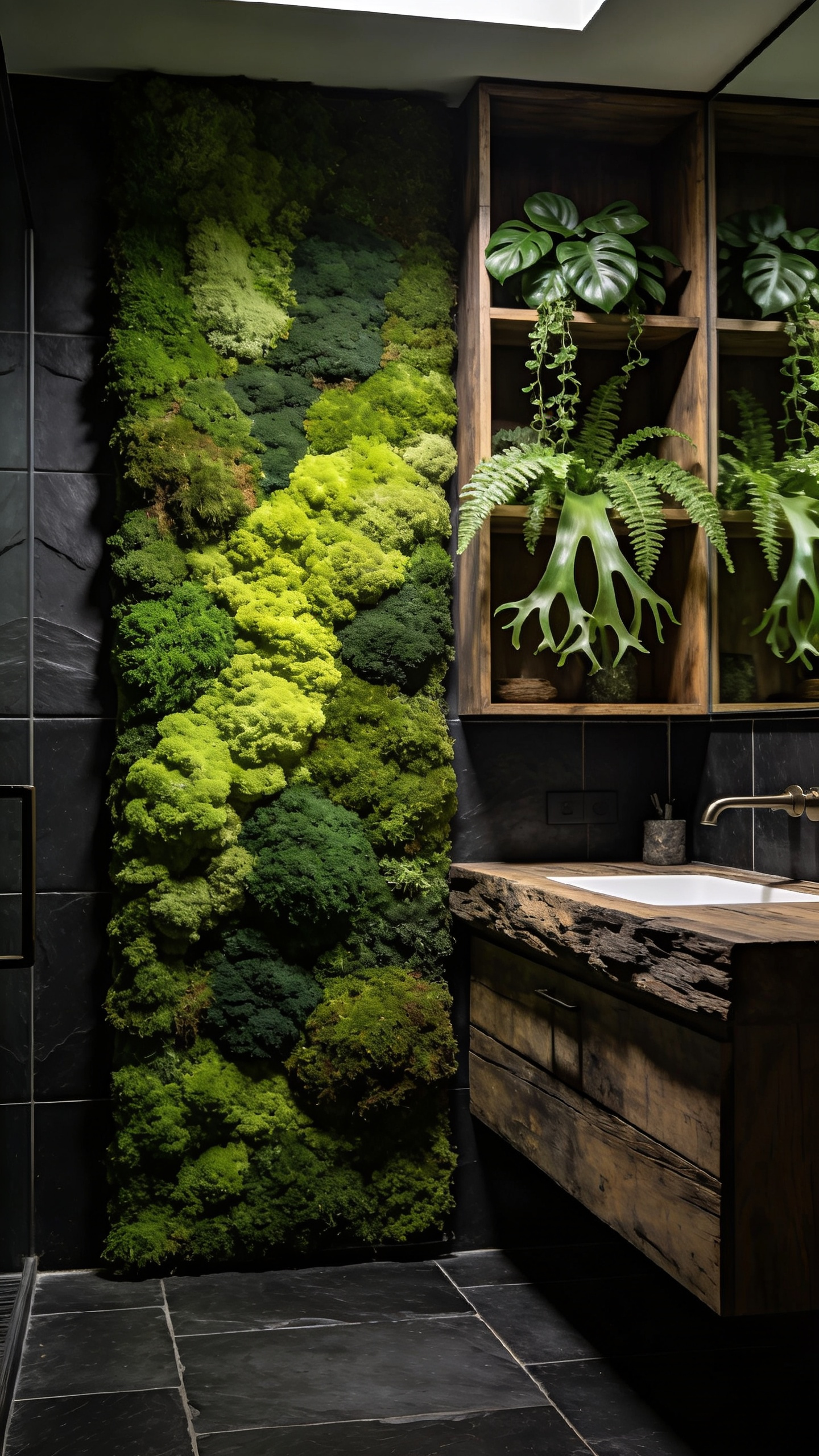 Rustic bathroom featuring a large preserved moss wall and humidity-tolerant ferns, set against a backdrop of dark slate tiles and reclaimed wood cabinetry to achieve a biophilic forest floor aesthetic.