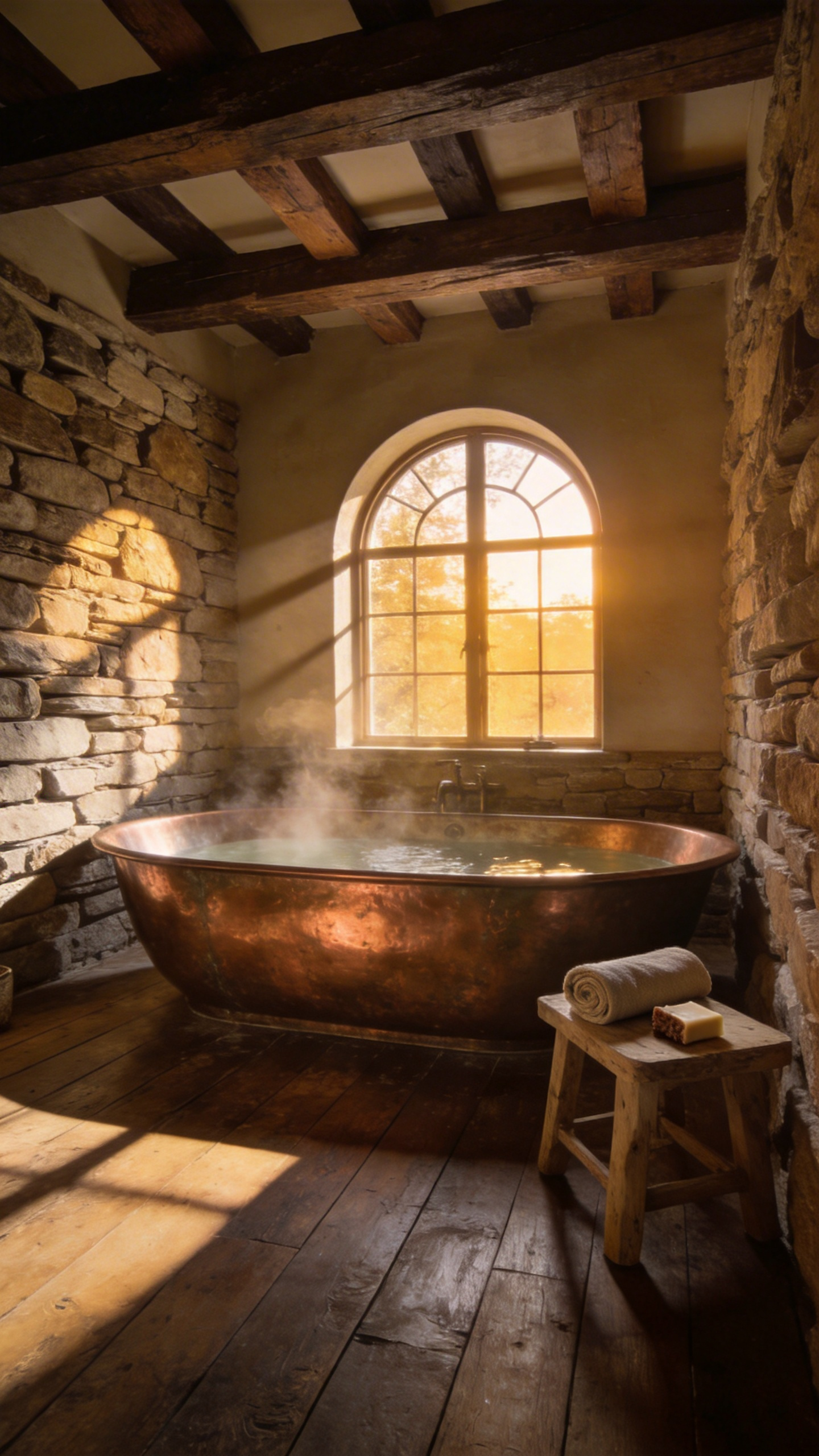 A freestanding hammered copper soaking tub is the focal point of a luxury rustic bathroom featuring natural stone walls and reclaimed wood beams.