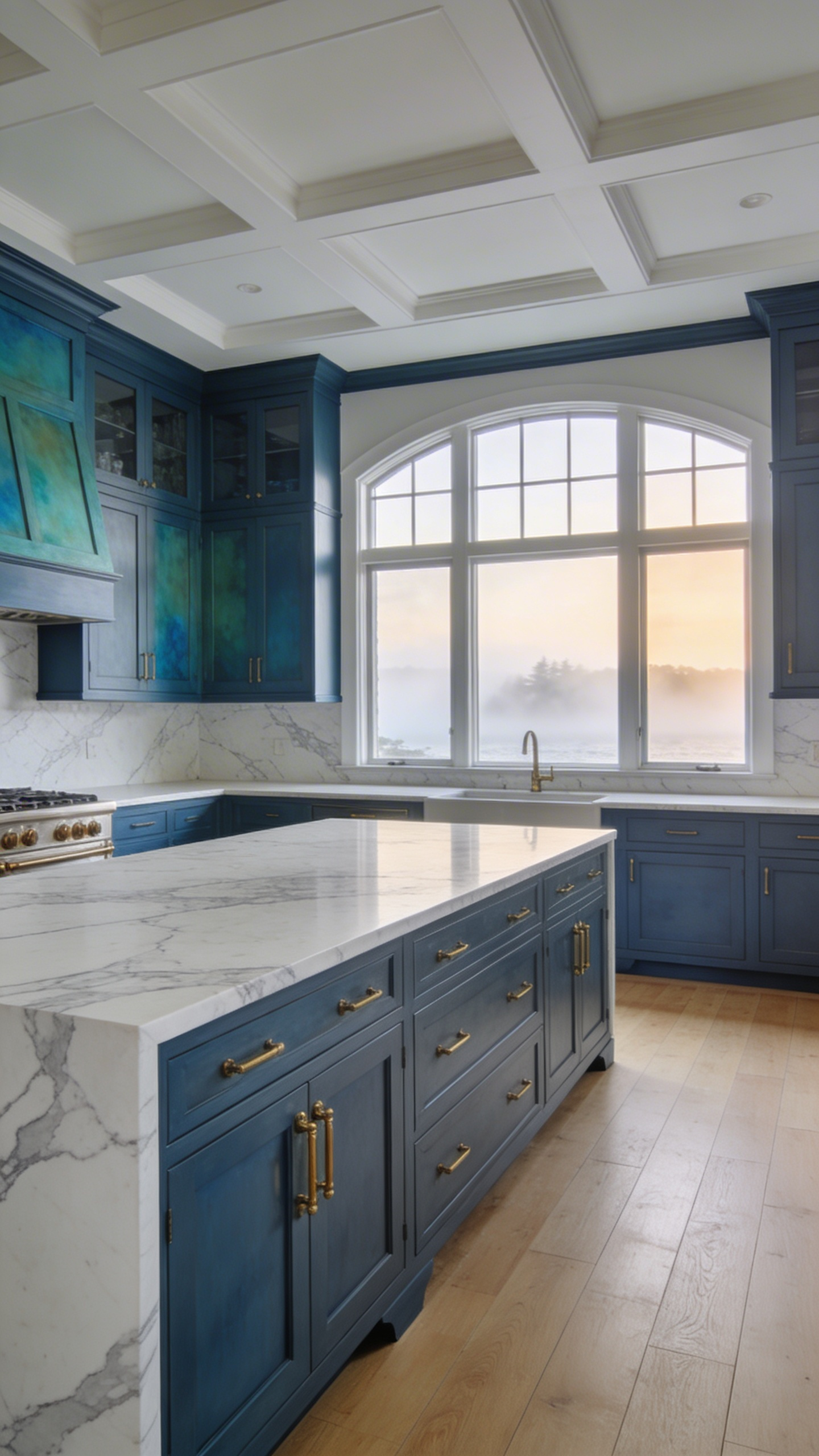 Modern luxury kitchen with floor-to-ceiling stormy blue-gray cabinets, marble countertops, and large windows with morning light.