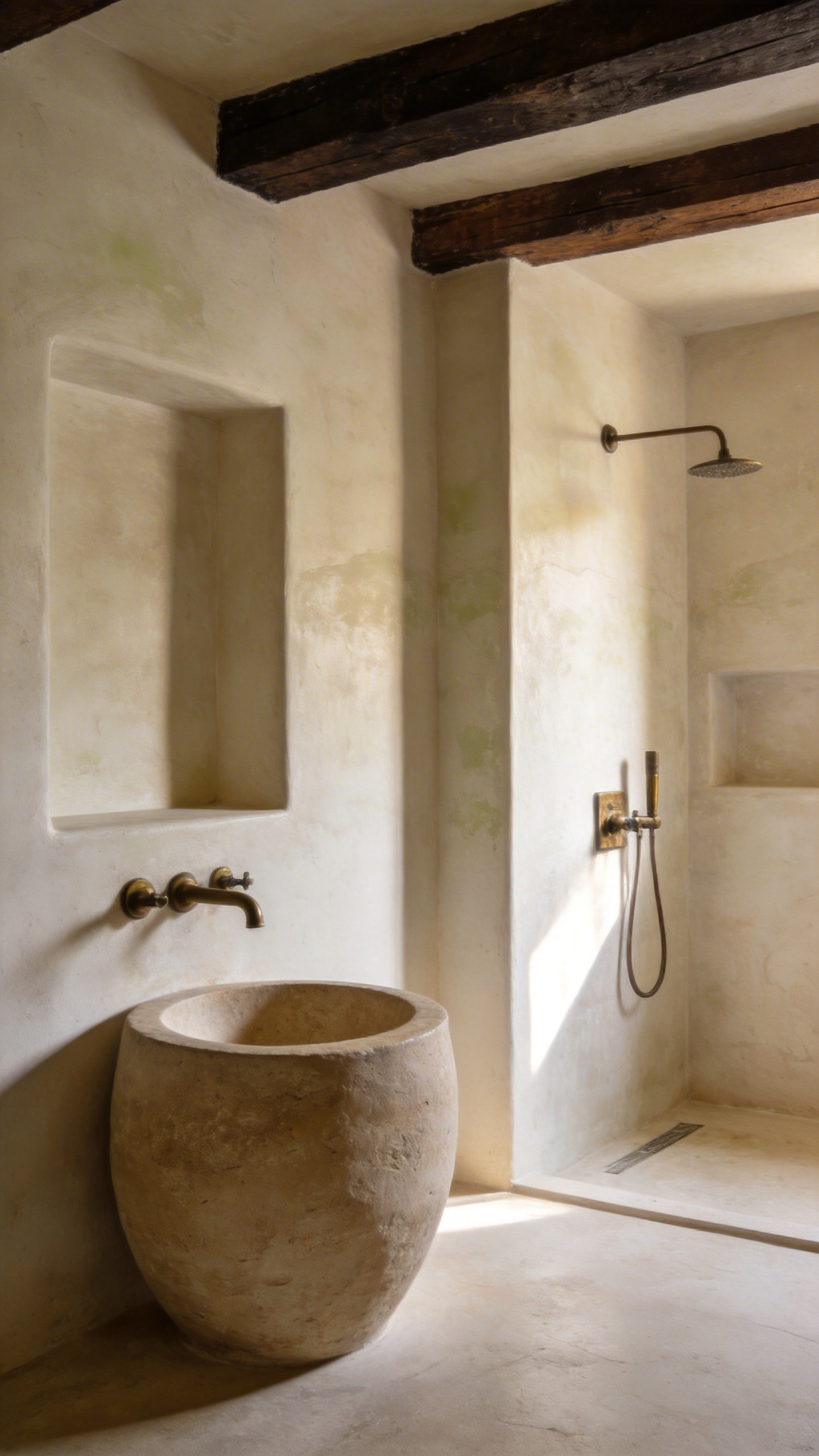 Rustic bathroom interior featuring seamless, matte ivory Tadelakt plaster walls and a natural stone sink, illustrating breathable, moisture-regulating wall finishes.