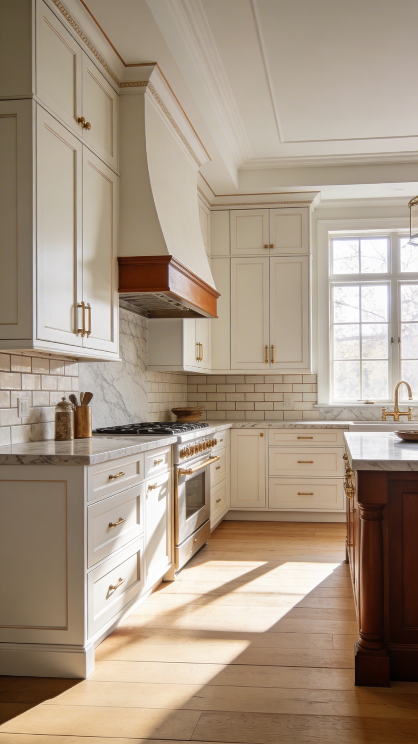 A luxury kitchen with timeless soft off-white cabinets and natural wood floors illuminated by soft sunlight.