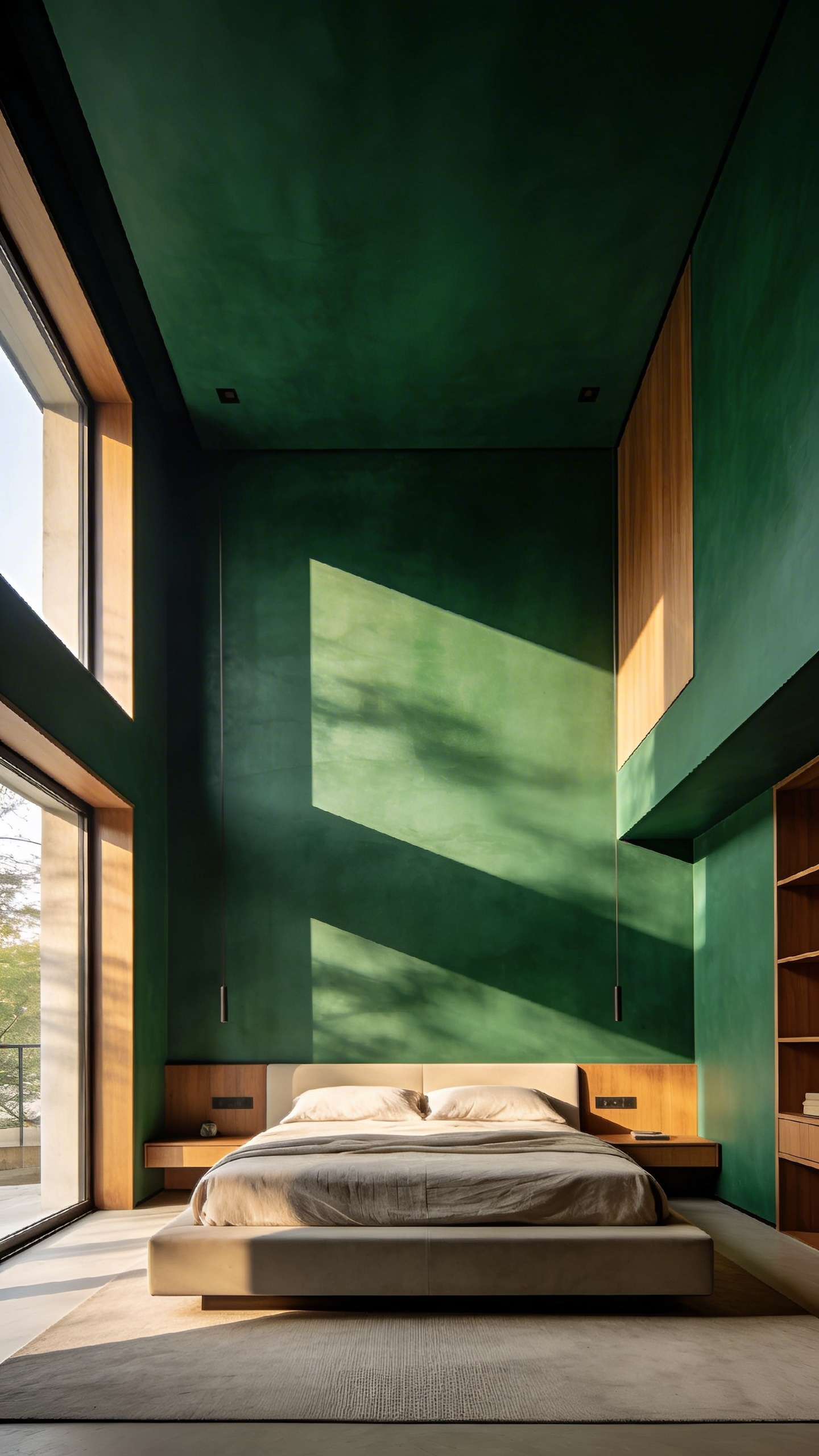 A luxury bedroom with deep forest green walls in a dead flat matte finish that creates a velvet-like texture and absorbs light.